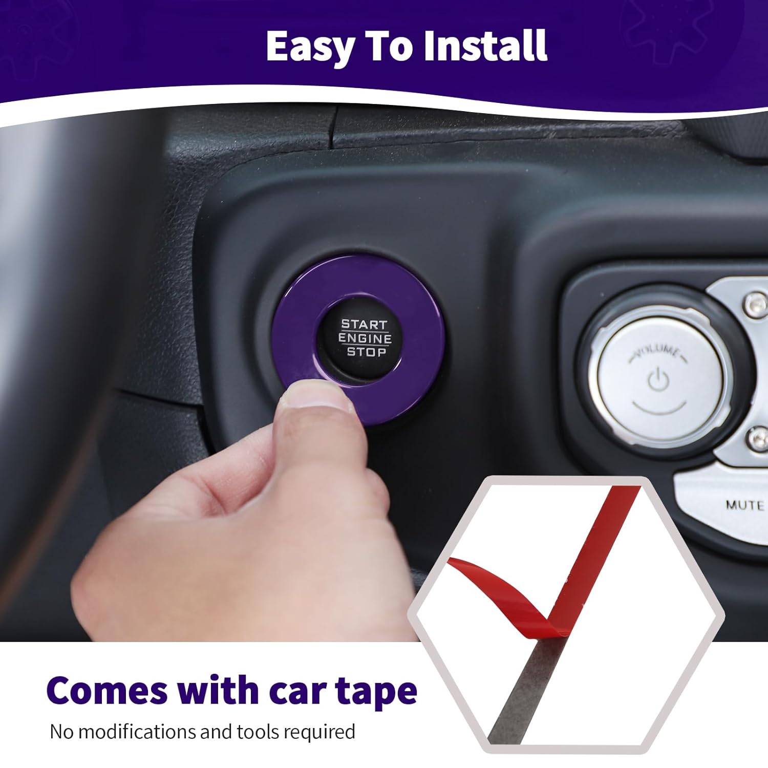 RT-TCZ Para Wrangler JL Push Start Stop Button Cover Trim Calcomanía para Jeep Wrangler JL JLU Gladiator JT 2018 Up Purple Interior Accesorios