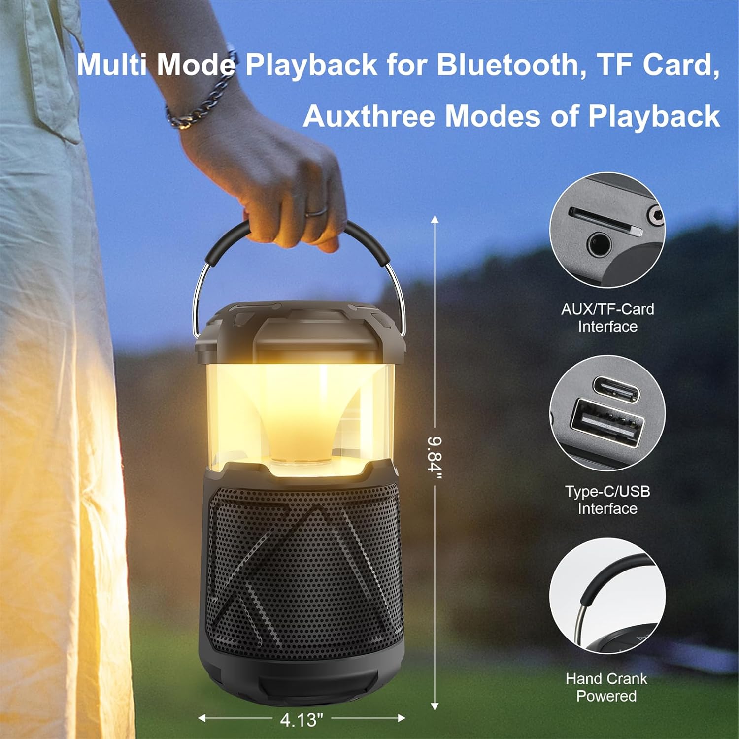 Altavoces Bluetooth portátiles LED atmósfera linterna de campamento al aire libre, IPX6 impermeable altavoz inalámbrico con luces LED para patio,