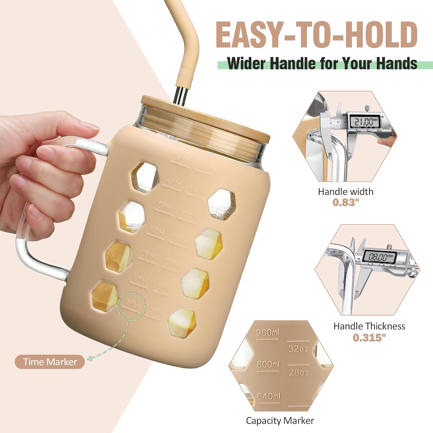 MUKOKO Vaso de vidrio de 32 onzas con tapa de bambú y pajilla, botellas de agua de vidrio con marcador de tiempo, taza de café helado con asa, dos