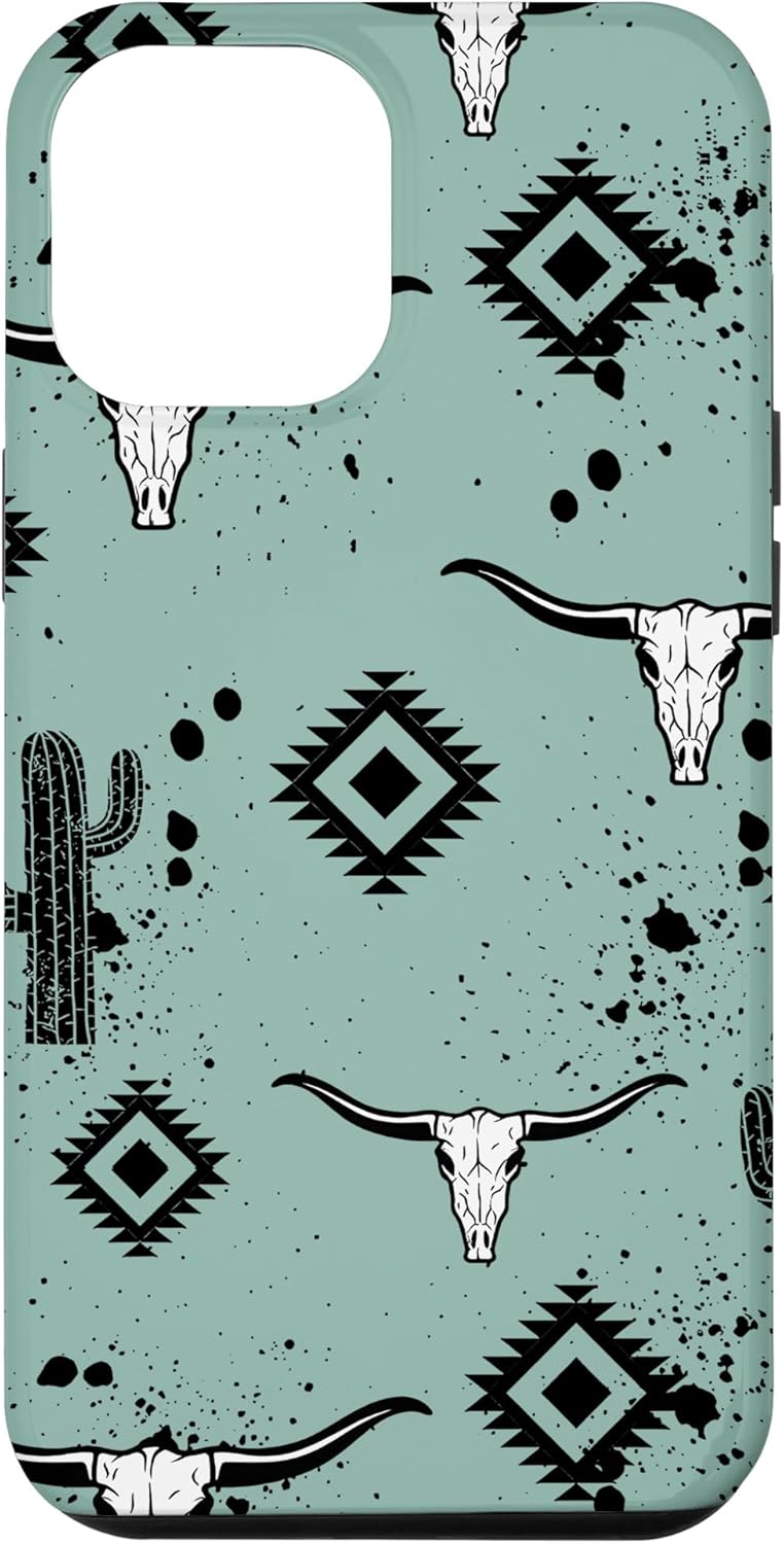 Funda para iPhone 13 Pro Max Western Country Aztec Bull Skull Cactus Cactus Patrón