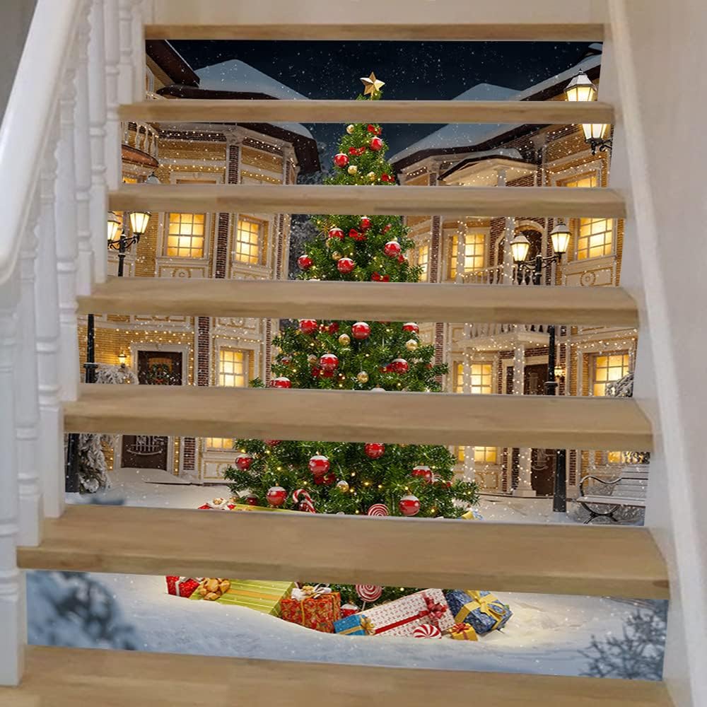 Pegatinas de Año Nuevo Navidad 3D Escalera Pegatinas (6 PiezasPieza) Pasillos Decorativos Hogar PVC Impermeable Pared Pegatinas