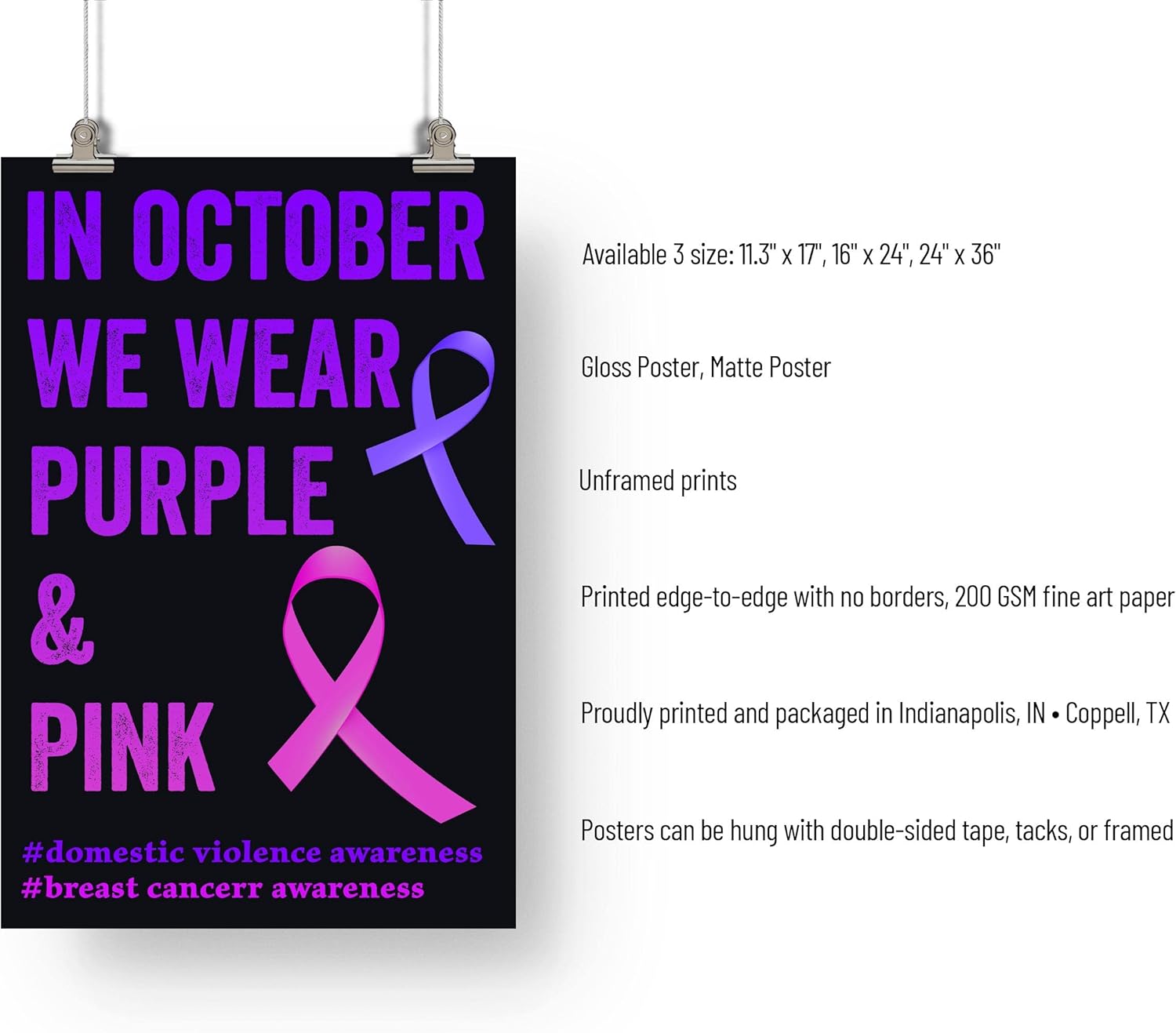 In October We Wear Purple and Pink Domestic Violence Art Print – Arte de pared para concientización sobre violencia doméstica, cinta morada,