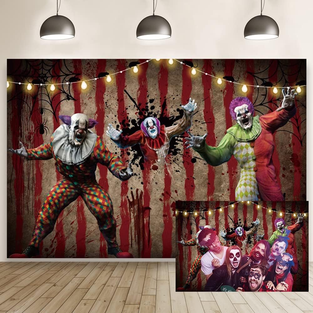 OERJU Telón de fondo de payaso de Halloween de 10 x 7 pies, diseño de terror de circo, carnaval, huella de mano sangrienta, telaraña, fotografía,