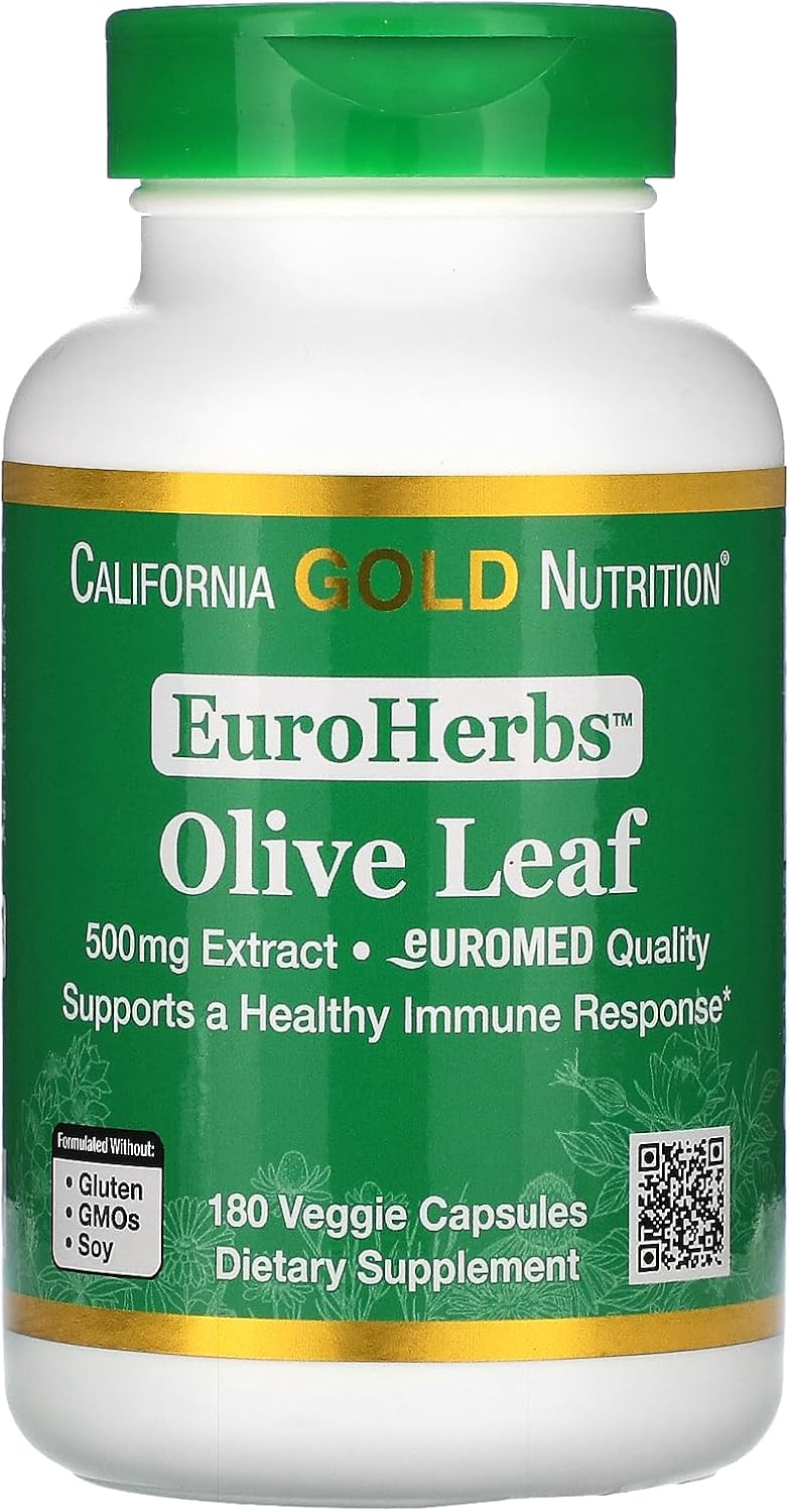 Extracto de hoja de olivo 500 mg, 18% de oleuropeína, calidad europea procesada en España, 180 cápsulas vegetales, California Gold Nutrition