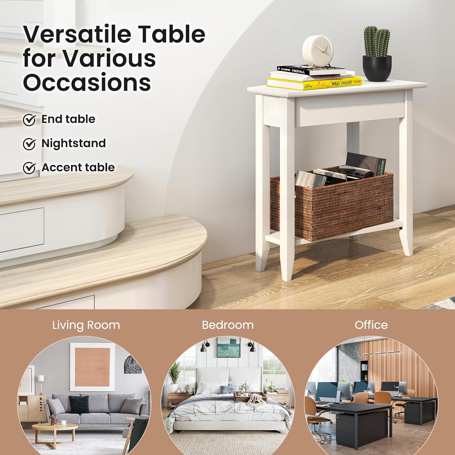 GOFLAME Mesa auxiliar de cuña de 2 niveles, mesa auxiliar triangular estrecha con estante de almacenamiento, patas de madera maciza, mesita de