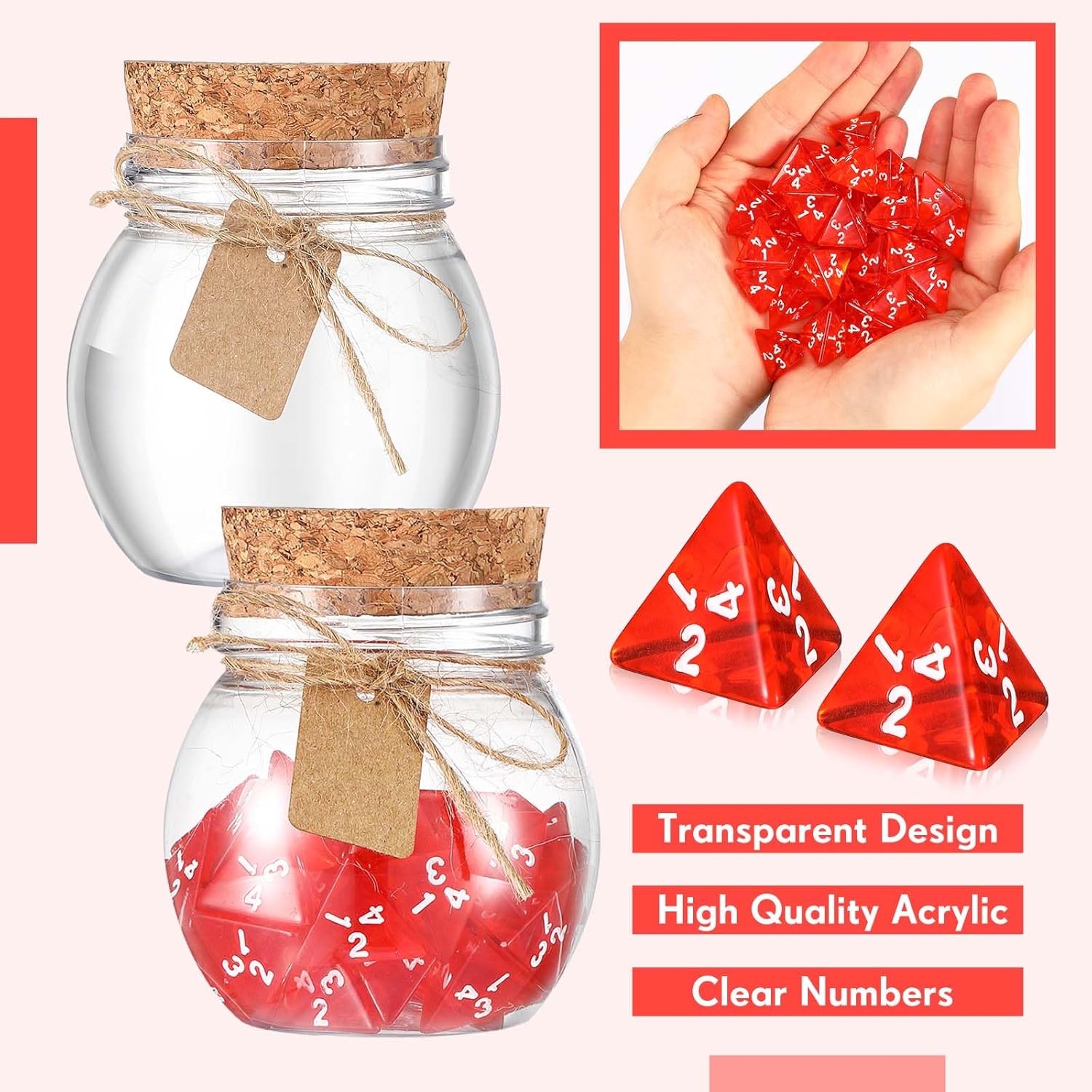 Wettarn 120 dados D4 transparentes rojos D4, 6 piezas de botella de poción de plástico con tapas de corcho, juego de dados poliédricos para