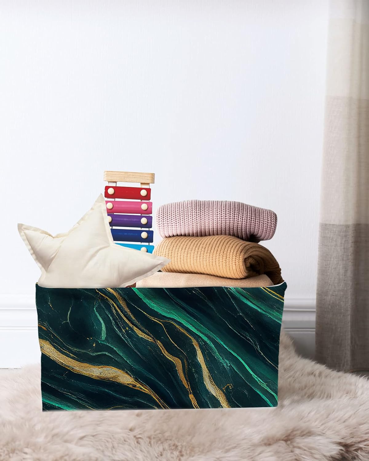 Turquoise Yellow Marble Storage Basket for Organizing Shelves, Collapsible Storage Bins Boxes with Handle, Modern Ink Painting Abstract Art Canvas