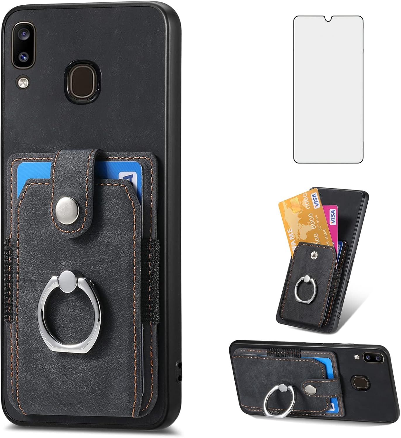 Asuwish Funda de teléfono para Samsung Galaxy A20 A30 con protector de pantalla de vidrio templado y soporte de anillo delgado, soporte para tarjeta