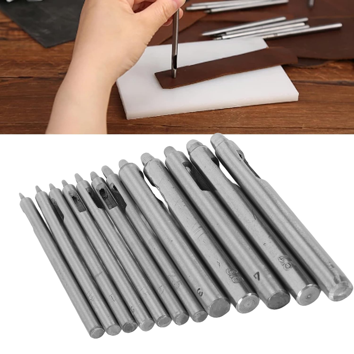 Juego de 12 perforadores de cuero para manualidades, herramientas huecas redondas para correas de reloj, cinturones, lona, papel, goma, material