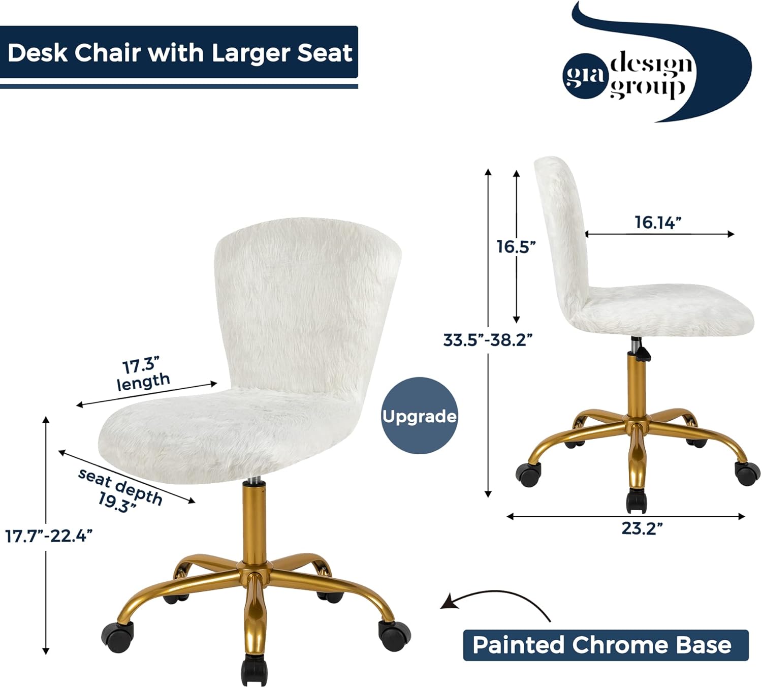 GIA Silla giratoria ajustable de respaldo medio con piel sintética, tamaño de asiento mejorado para adultos, color blanco
