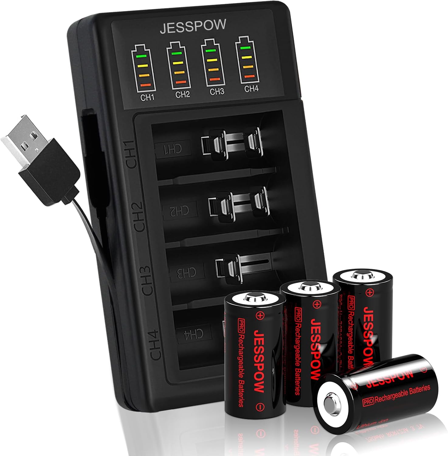 Paquete de 4 baterías de litio CR123A de 3.7 V recargables LED cargador compatible con cámaras Arlo inalámbricas (VMC3030VMK3200VMS333034303530) y