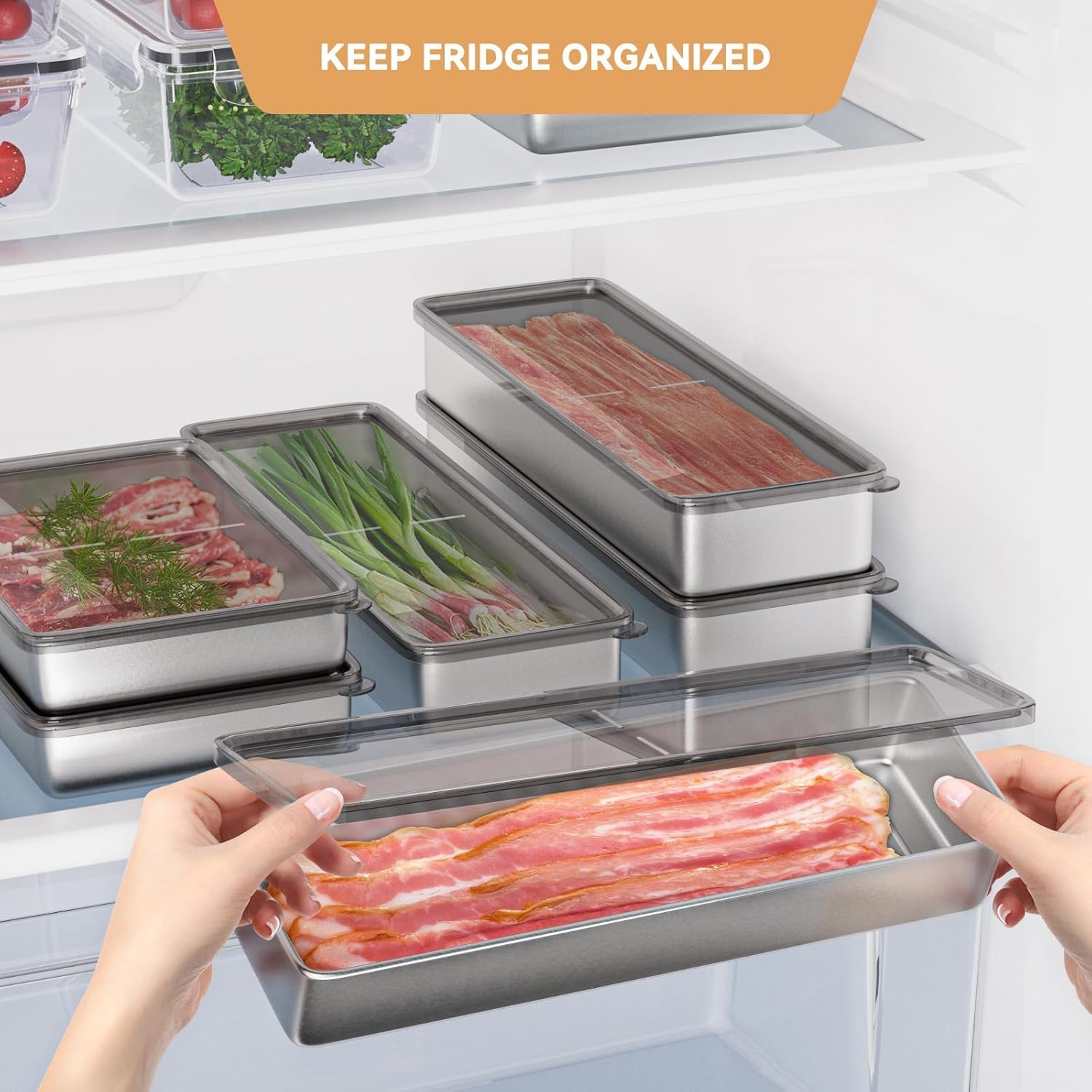 2 recipientes de tocino para refrigerador, recipientes herméticos de acero inoxidable 304 para almacenamiento de carne de delicatessen con tapa