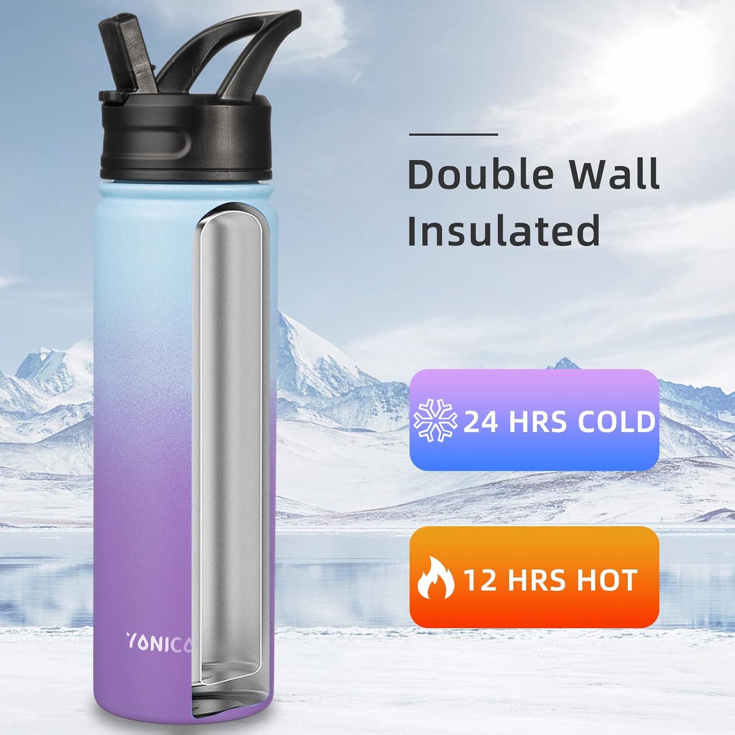 Botella de agua aislada con pajilla, termo de acero inoxidable de 22 onzas, vaso térmico de doble pared con 3 tapas a prueba de fugas, botella de