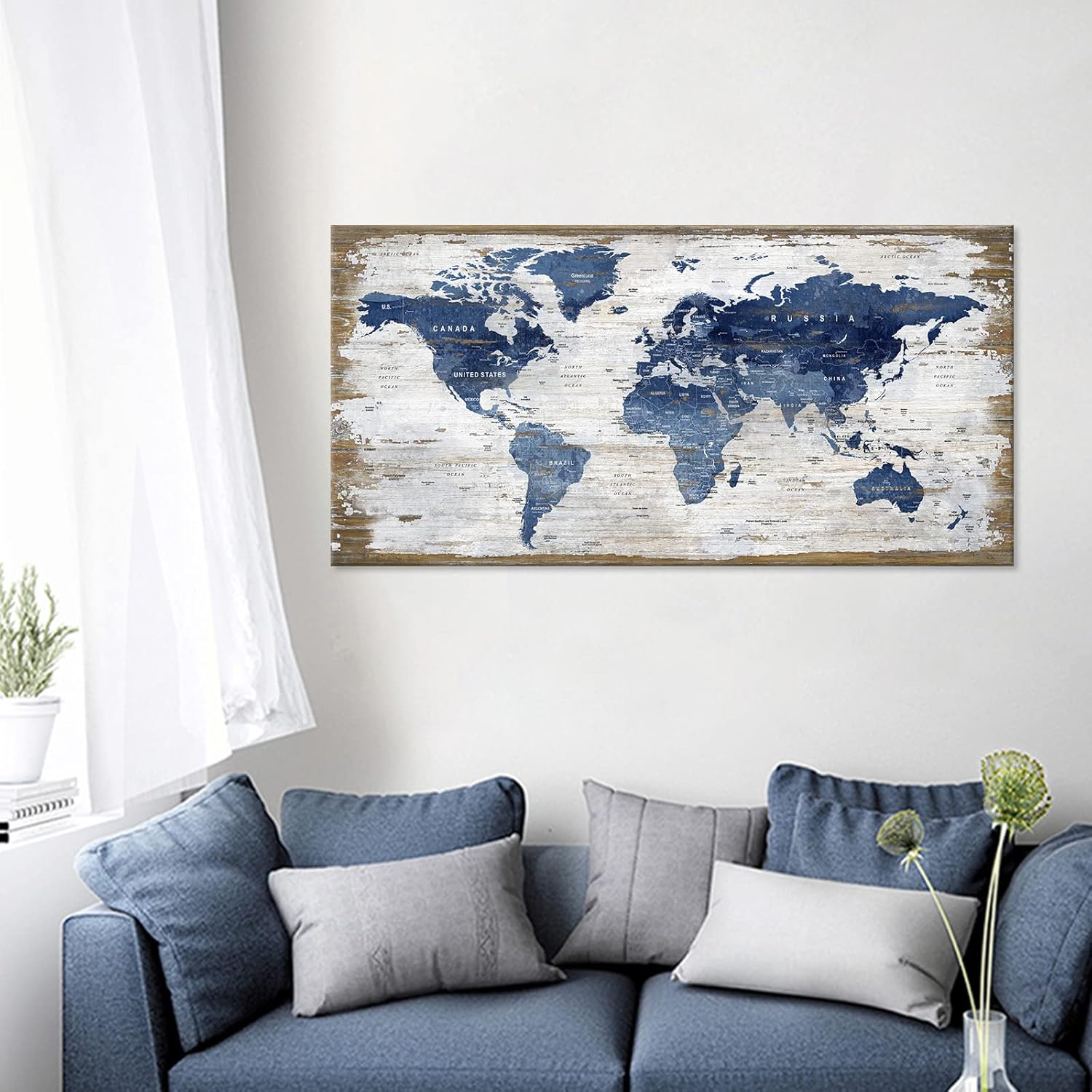 Lienzo grande con mapa del mundo vintage, arte para la pared, diseño de mapa azul oscuro del mundo, imágenes de mapas retro, impresiones artísticas