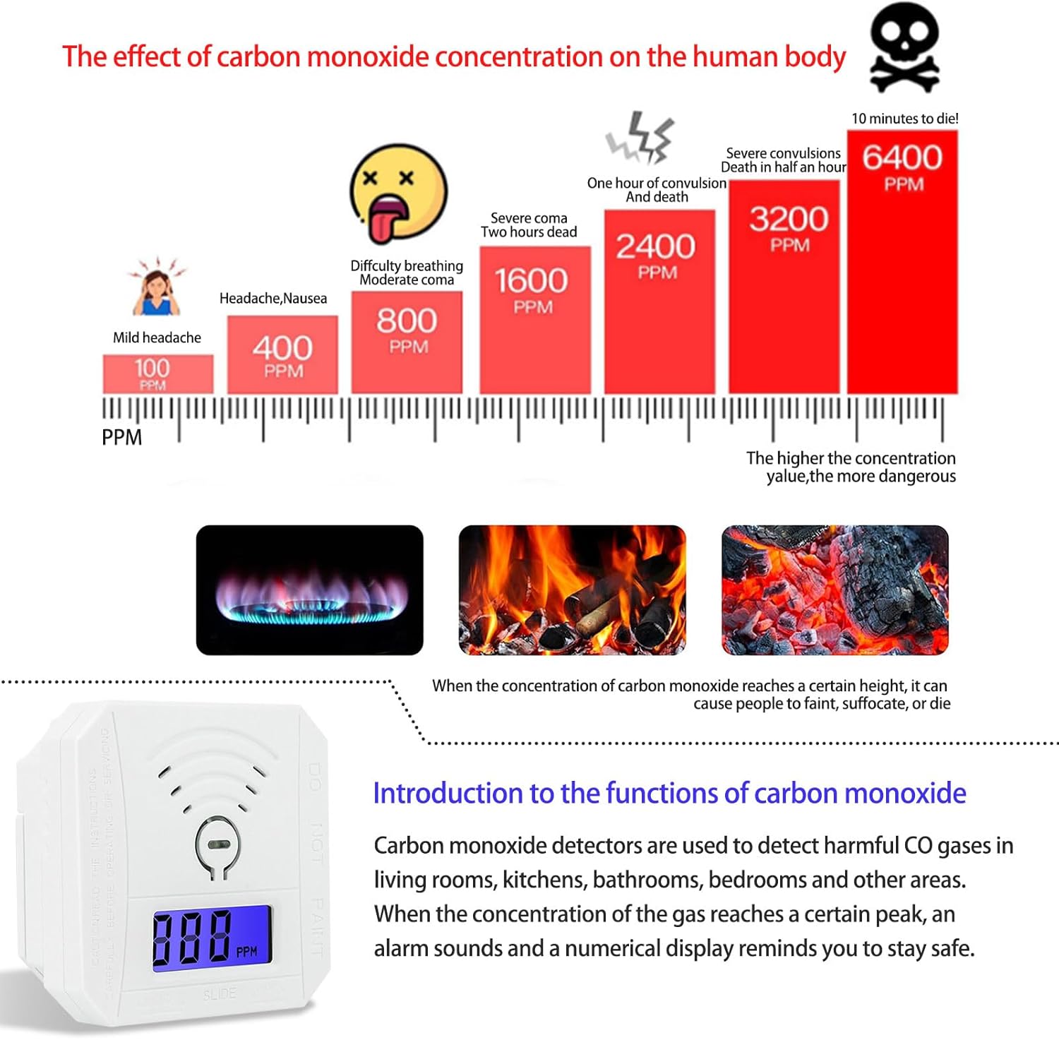 Detector de monóxido de carbono, mini alarma portátil de monóxido de carbono, alarma de monóxido de carbono con batería sin enchufe, color blanco
