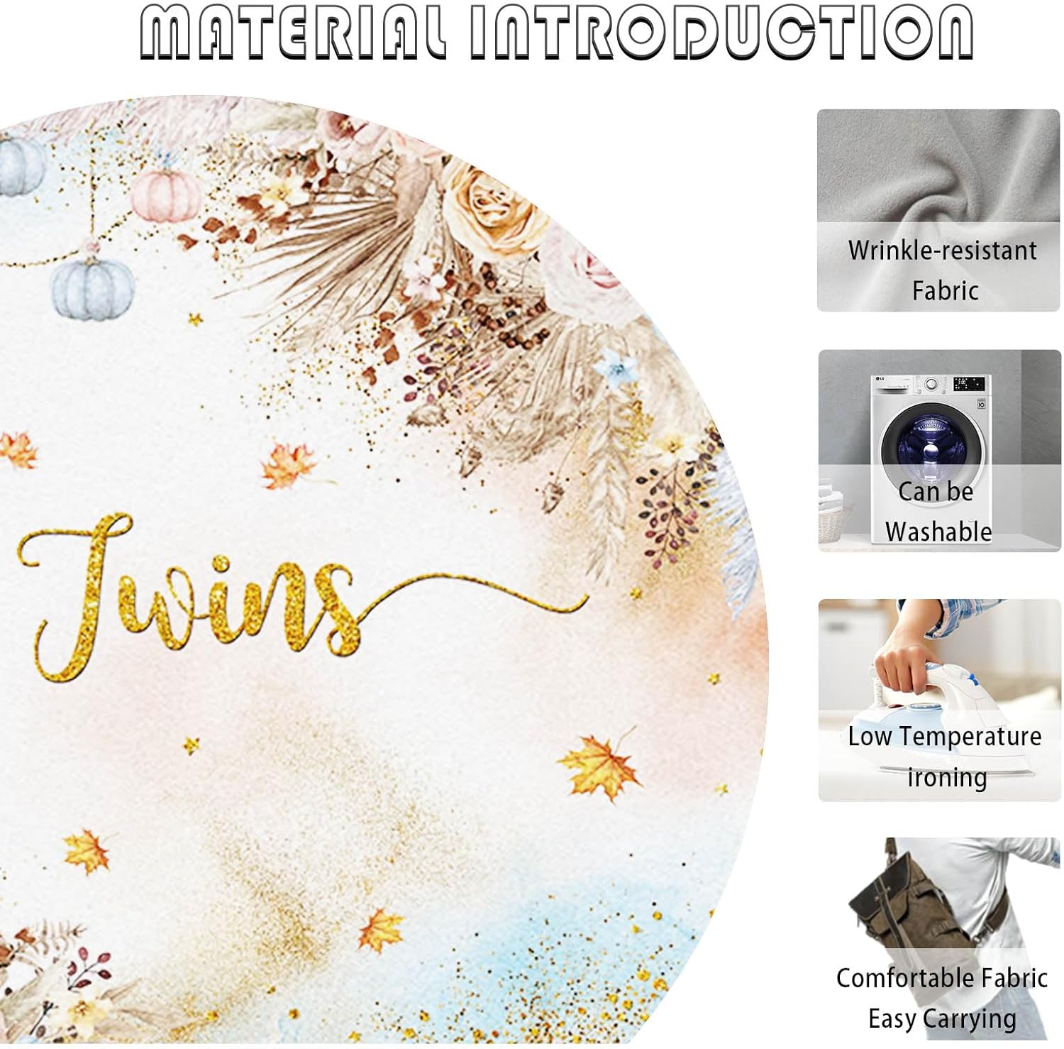AIBIIN Telón de fondo bohemio de otoño de 7 x 5 pies para fotografía de baby shower con texto en inglés “It’s Twins”, para niños y niñas, color azul