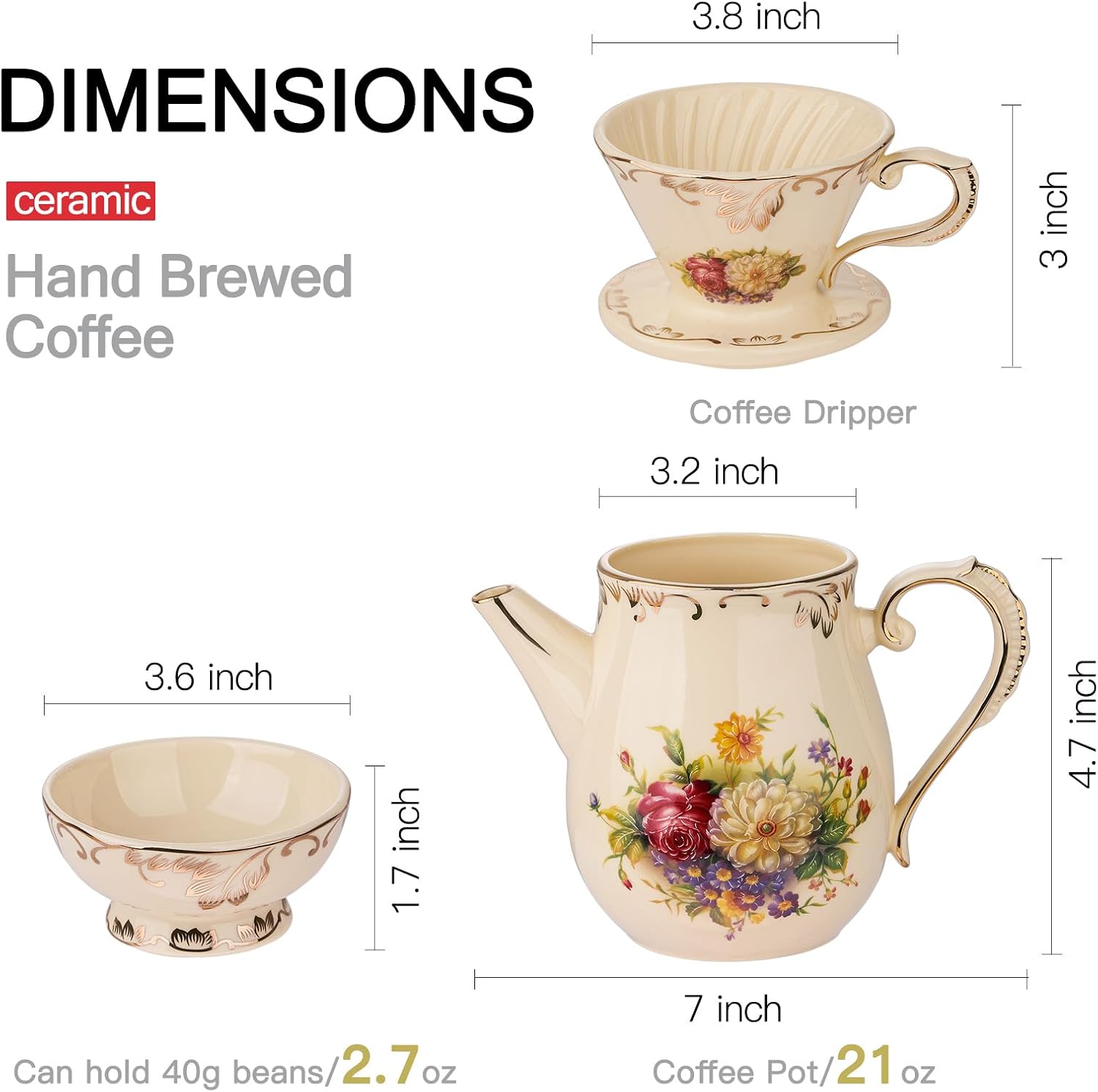 YOLIFE Floarl – Juego de gotero de café, cafetera de cerámica con diseño de cono, 1 taza, regalo para mujeres (arbustos florecientes)