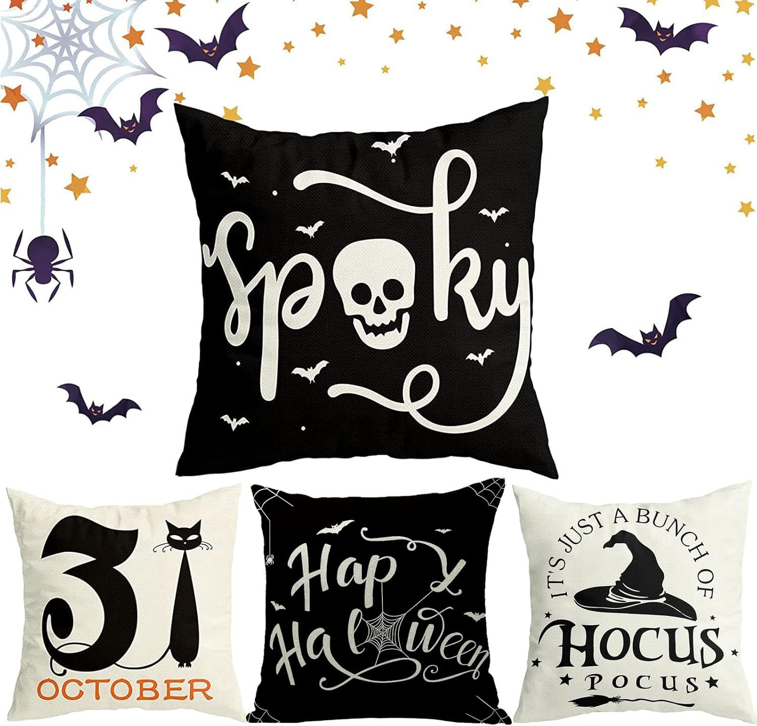 Fundas de almohada decorativas de Halloween, 1 unidad, de lino y algodón, color negro y blanco, fundas de cojín cuadradas de 18 x 18 pulgadas para
