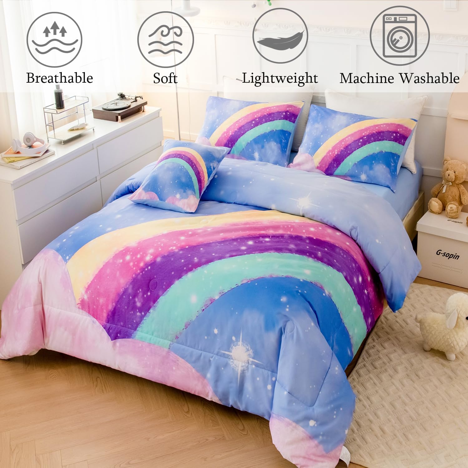 Juego de ropa de cama azul para niñas, juego de edredón de 6 piezas de arcoíris colorido para niñas, ropa de cama con purpurina degradado 3D en una