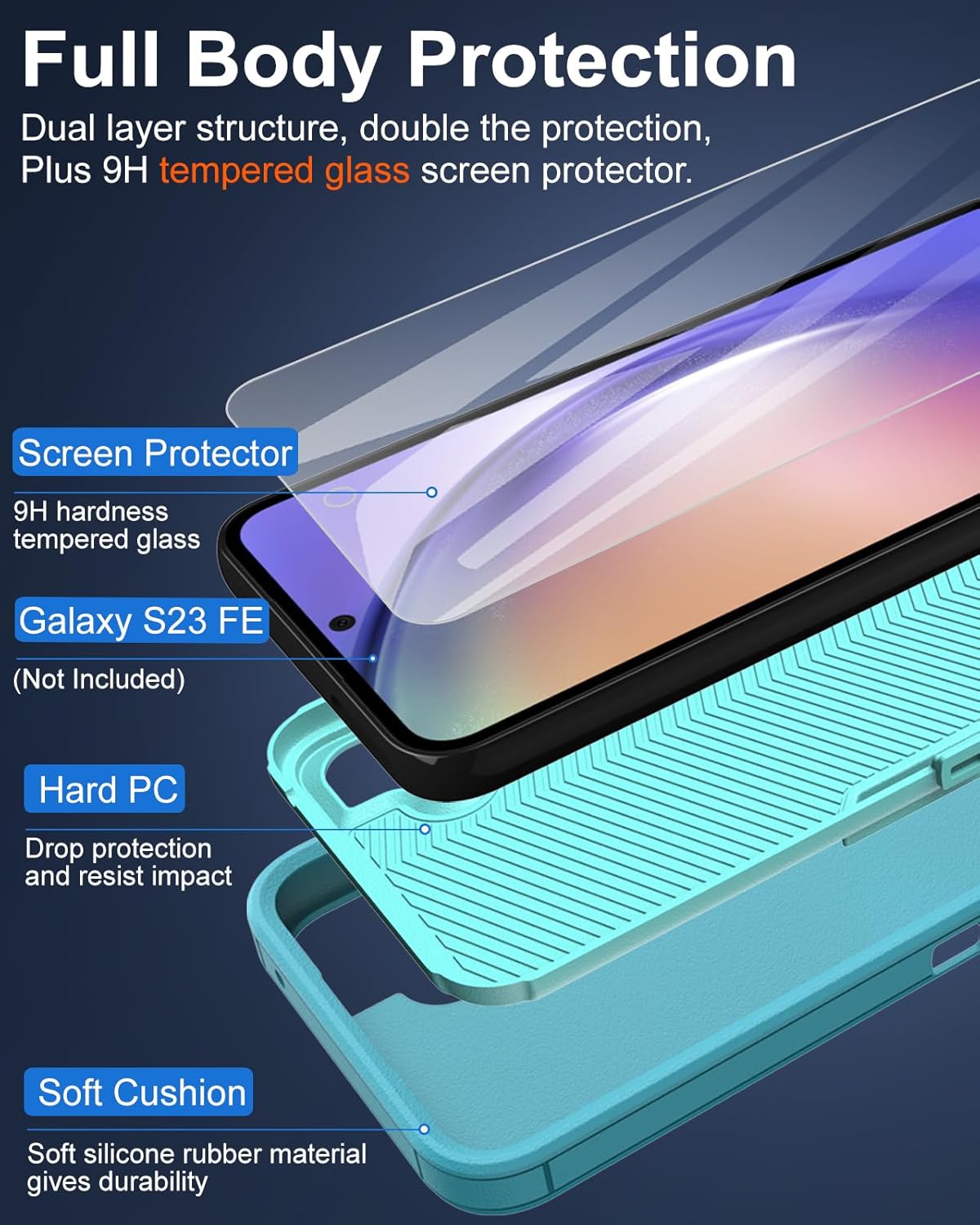 Dahkoiz Funda para Samsung Galaxy S23-FE y protector de pantalla de vidrio, cubierta de puerto a prueba de polvo, cubierta de goma de silicona de