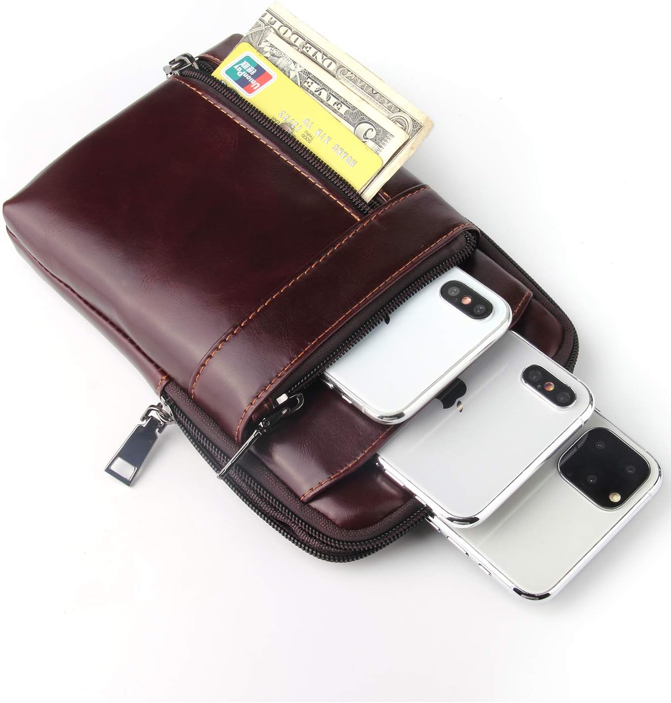 Funda de cuero genuino para cinturón vertical para teléfono inteligente, soporte para teléfono celular, funda con tapa, bolso de mensajero de viaje