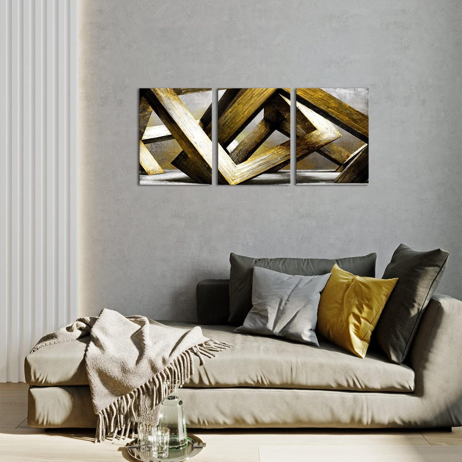 Kalormore Lienzo abstracto dorado y gris, arte para pared, hormigón brutalista, construcción de ciudades, paisaje urbano, listo para colgar, para