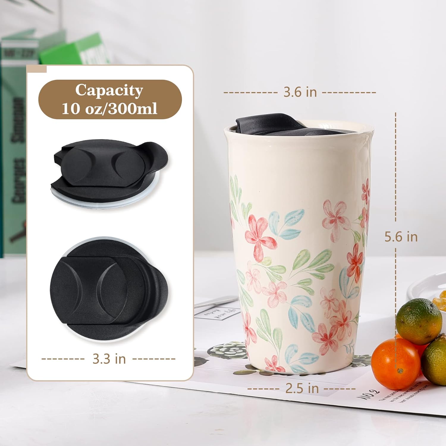 ANTIS’S HOME Taza de viaje de cerámica con tapa, taza de café de doble pared con patrón de flores, vaso de café de 10 onzas, taza alta reutilizable,