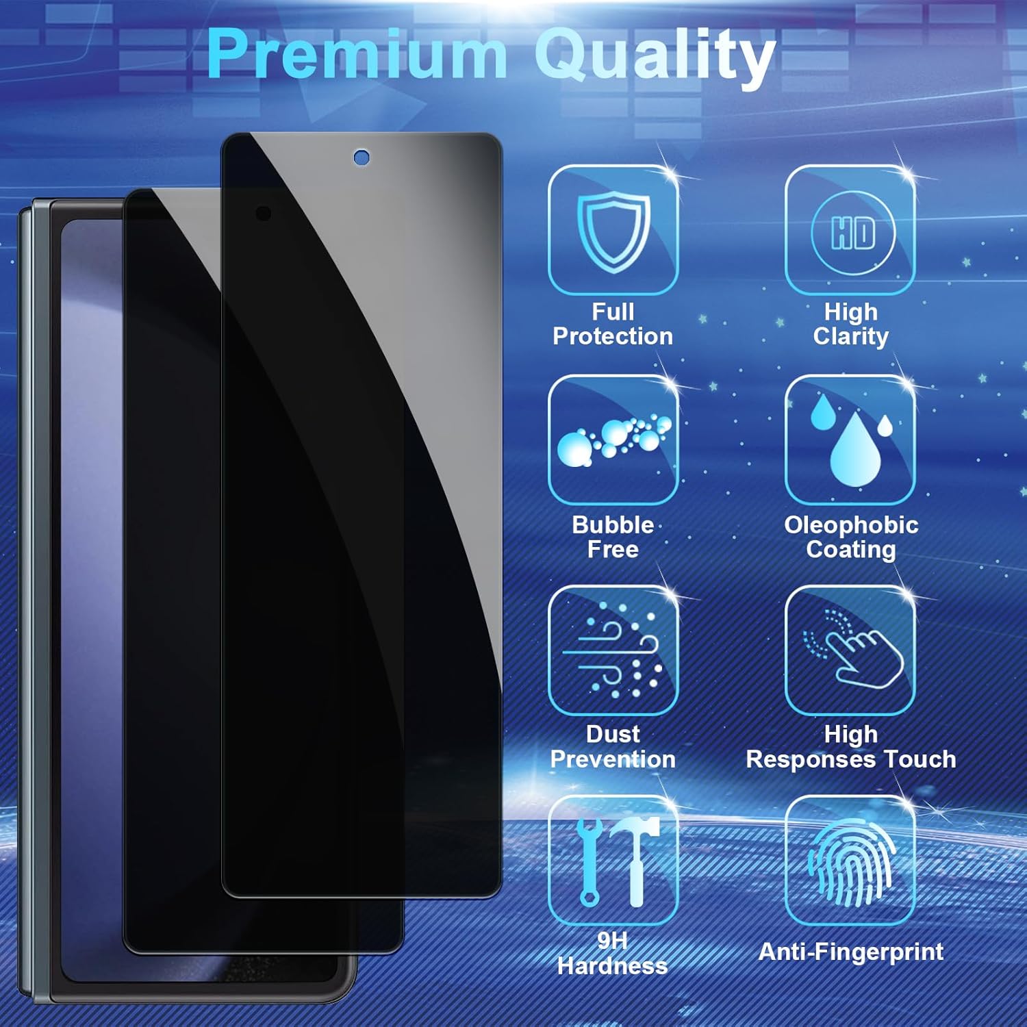 Paquete de 2 + 2 protectores de pantalla de privacidad para Galaxy Z Fold 5, paquete de 2 películas templadas de privacidad frontal con 2 unidades