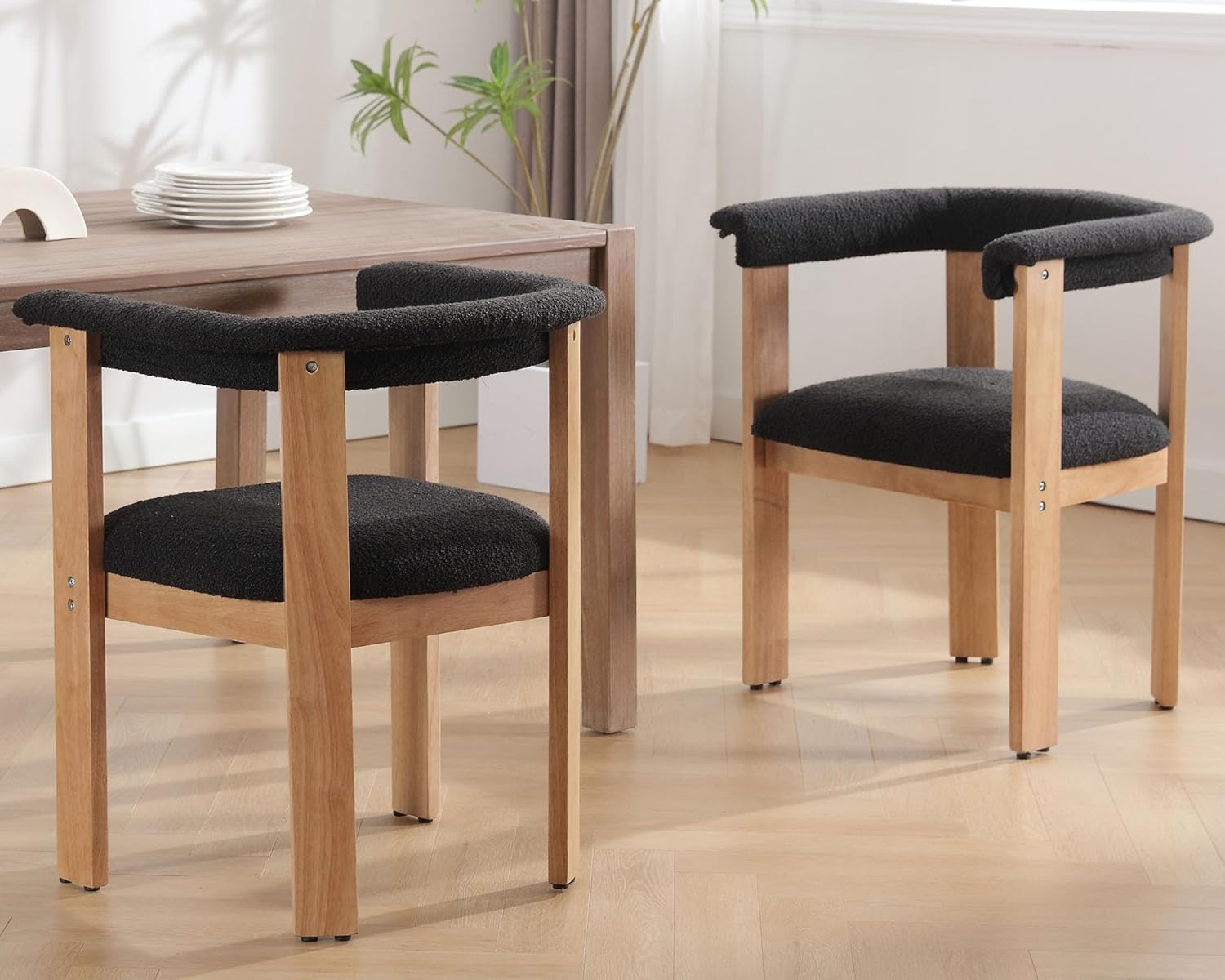 VESCASA Sillas de comedor tapizadas con patas rectangulares de madera marrón claro, sillas de comedor modernas de vellón sherpa de mediados de siglo