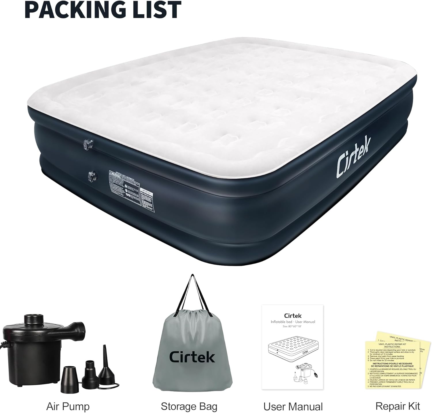 Cirtek Colchón inflable Queen de 18 pulgadas para campamento, viajes, dormir, colchón inflable de tamaño portátil con bomba eléctrica, cama de aire