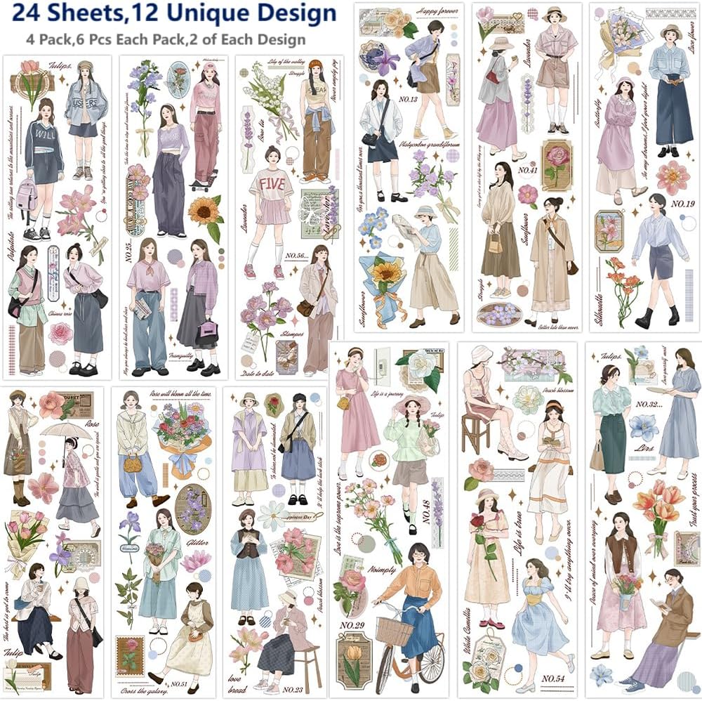 Dwpetzo Calcomanías para álbumes de recortes para diario de viñetas, 24 hojas Morandi Girls Flowers Retro Aesthetic Stickers Set de calcomanías para