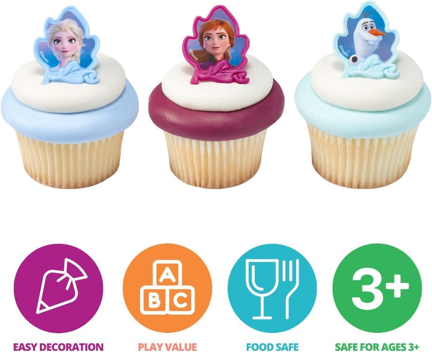 DecoPac Anillos Frozen II, decoraciones de cupcakes con Elsa, Anna y Olaf para celebraciones de cumpleaños y Navidad, paquete de 24