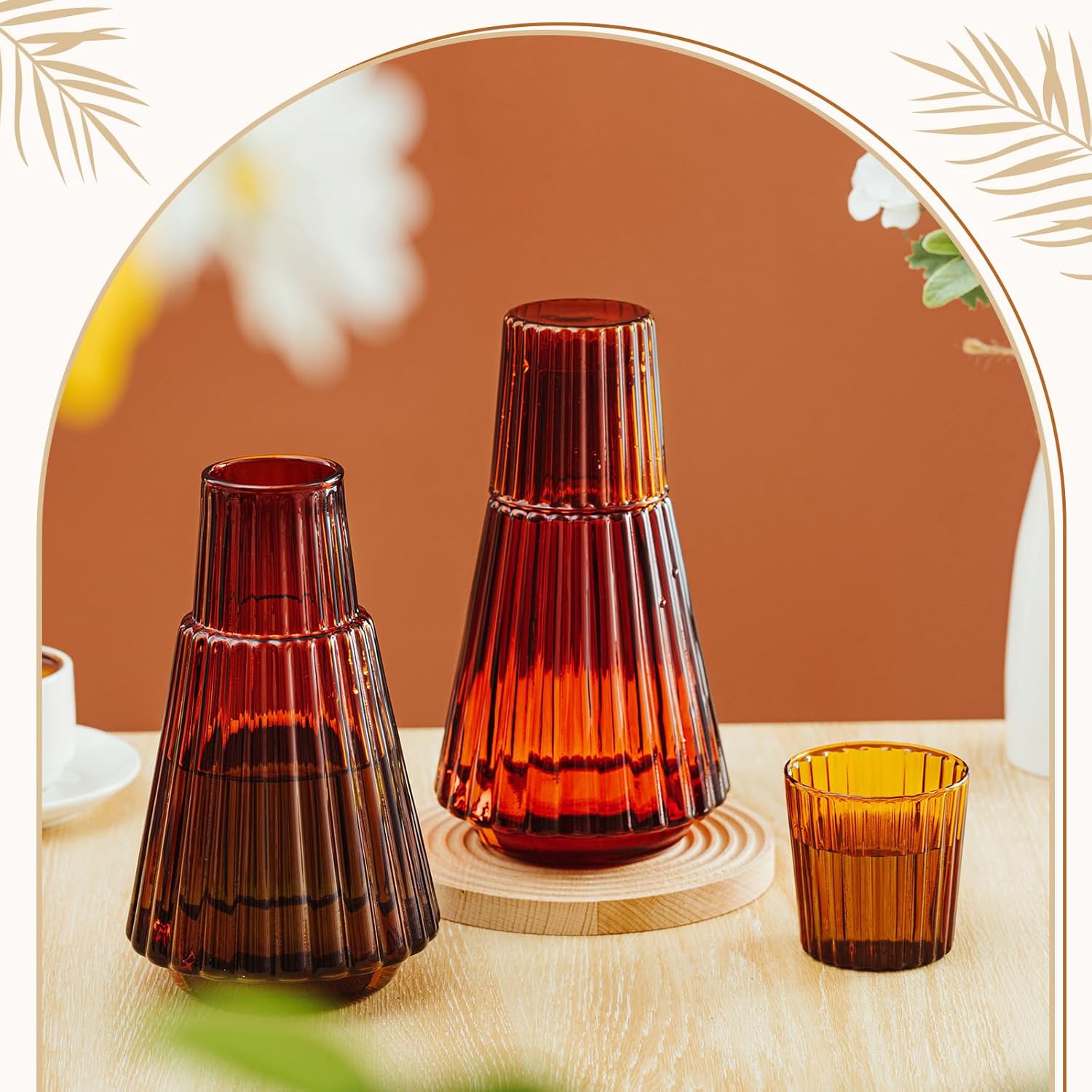 Juego de 2 jarras de vidrio a rayas de 34 onzas y juego de jarras de agua vintage con vaso, mesa de noche ámbar, vaso de agua con taza, decantador