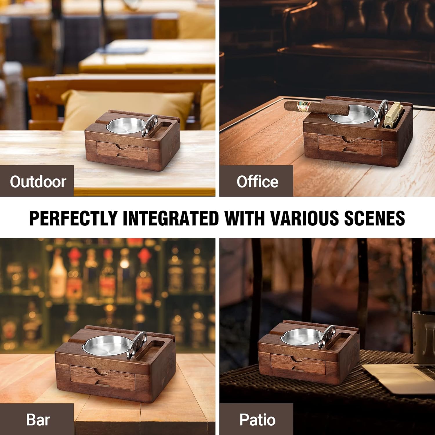 Cenicero de cigarros, ceniceros de madera con cortador de puros, soporte para tableta de teléfono, soporte para cigarrillos, cajón de accesorios y