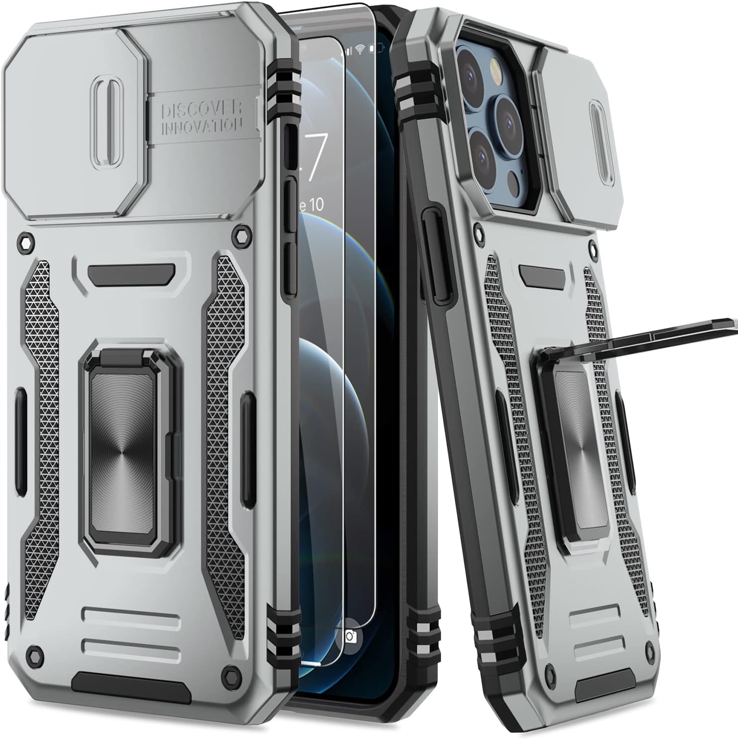 AUPAI Funda para iPhone 12 Pro Max con funda deslizante para cámara y protector de pantalla, funda protectora de grado militar resistente con
