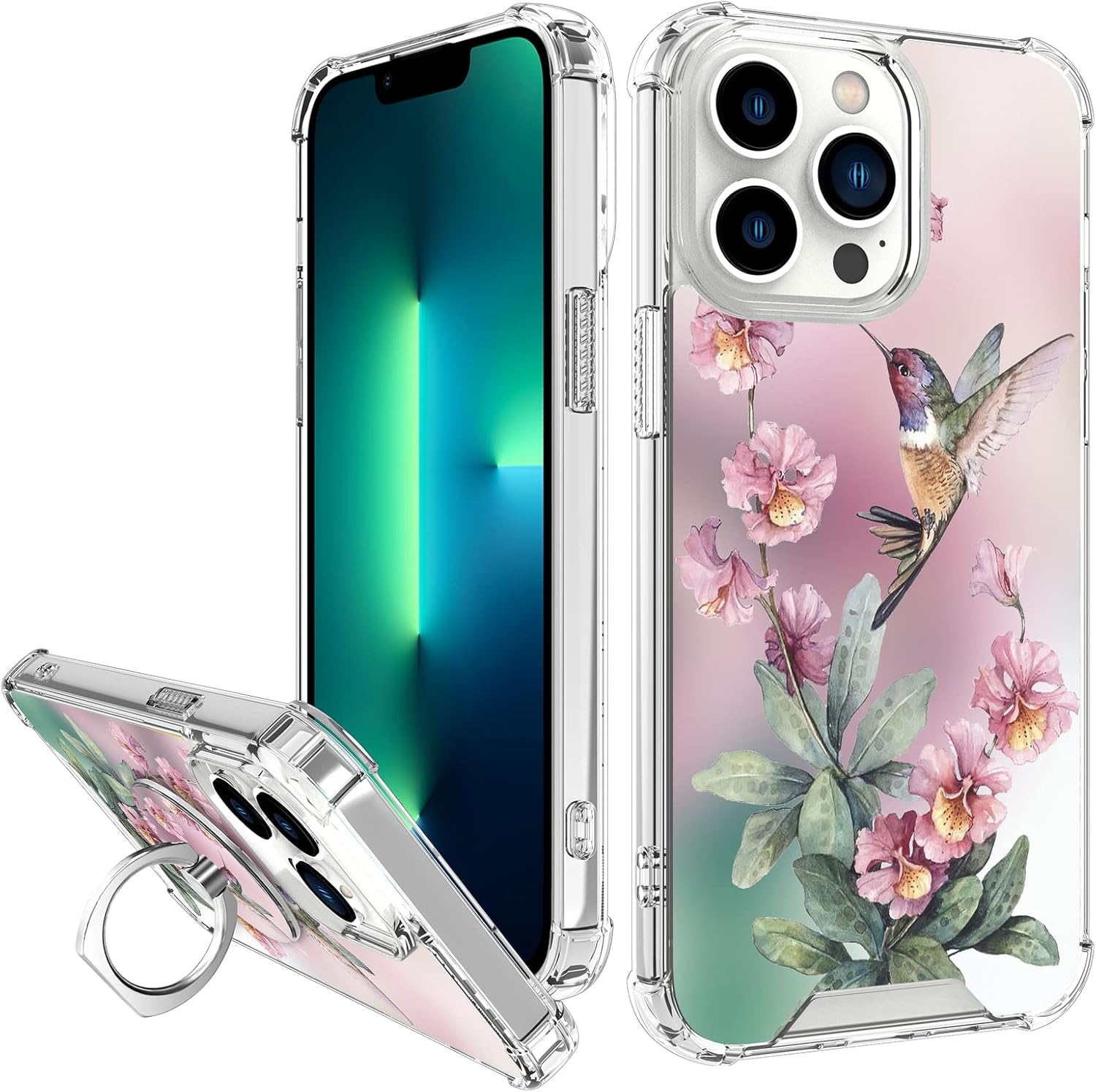 OOK Funda transparente compatible con iPhone 13 Pro Max, diseño de colibrí rosa, TPU flexible, a prueba de golpes, antiarañazos, funda transparente
