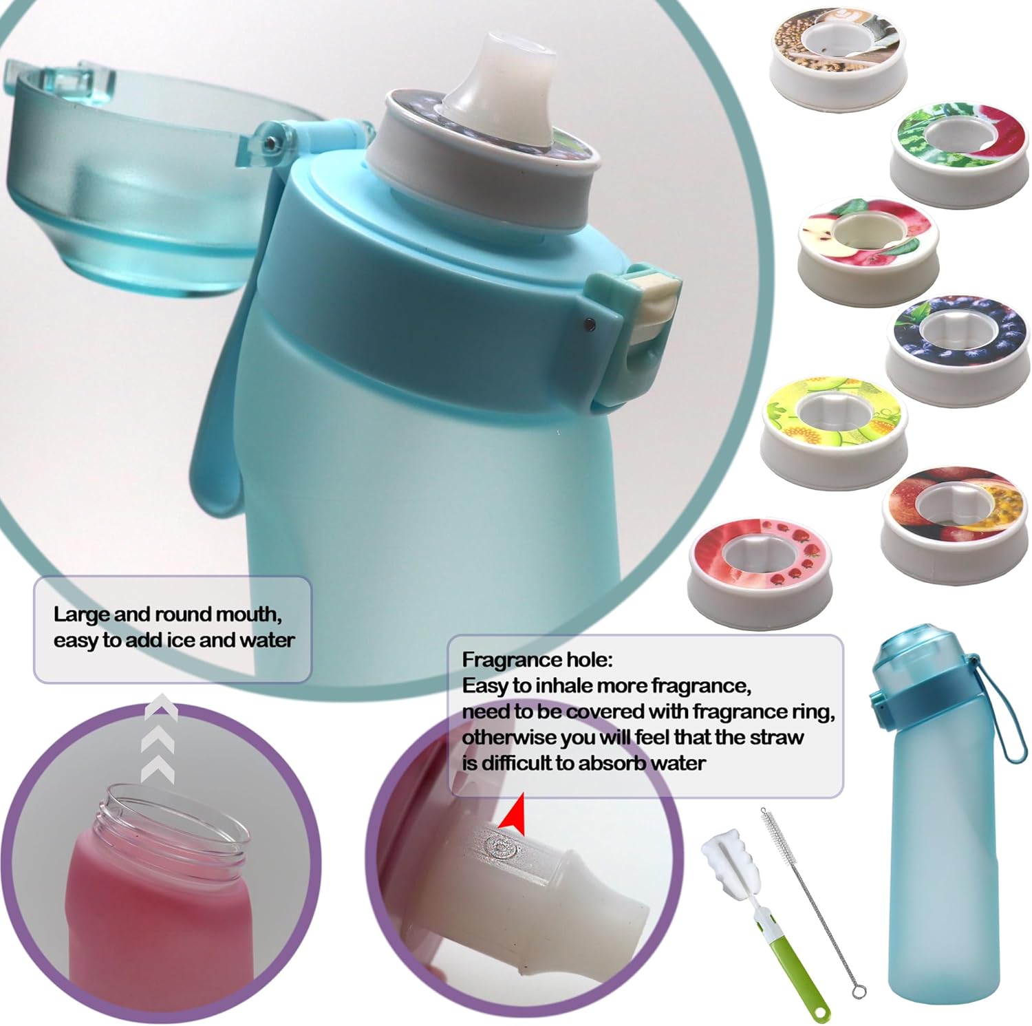 Botella de agua deportiva mejorada 2023 sin BPA, juego de botella de agua con fragancia de fruta de 22.1 fl oz, con 7 cápsulas de sabor, taza de