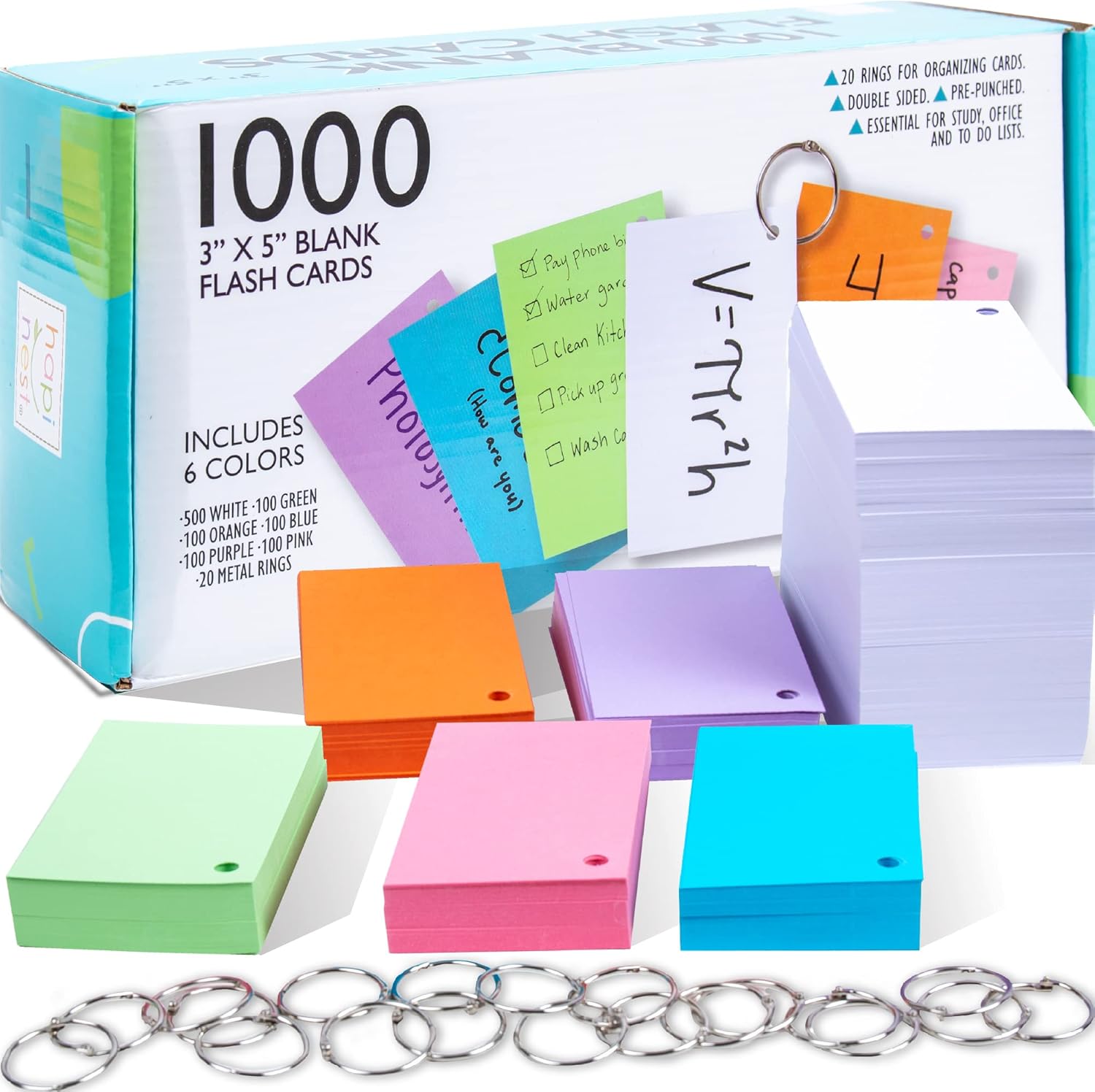 Hapinest 1000 tarjetas flash en blanco de 3 x 5 con 20 anillos de carpeta, tarjetas de notas de índice perforadas previamente en 6 colores para