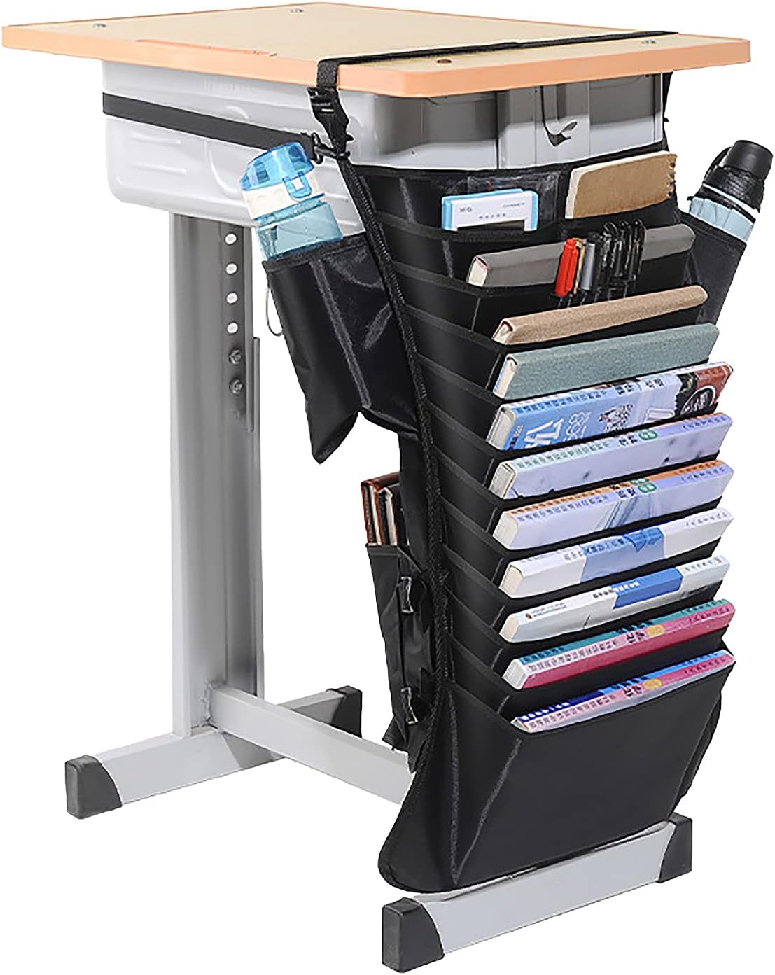 Bolsa de almacenamiento para libros colgante lateral de escritorio para estudiantes, Oxford grande, 13 bolsillos, organizador multifunción para