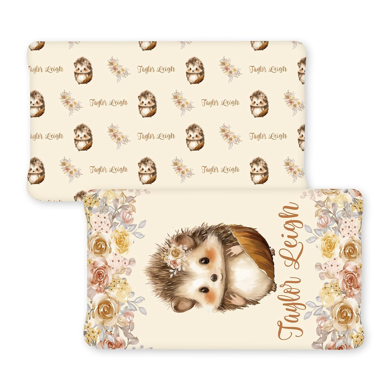 Funda para cambiador personalizada con impresiones de erizo almohadilla para orina de bebé de 2 piezas con nombre de bebé, sábanas portátiles