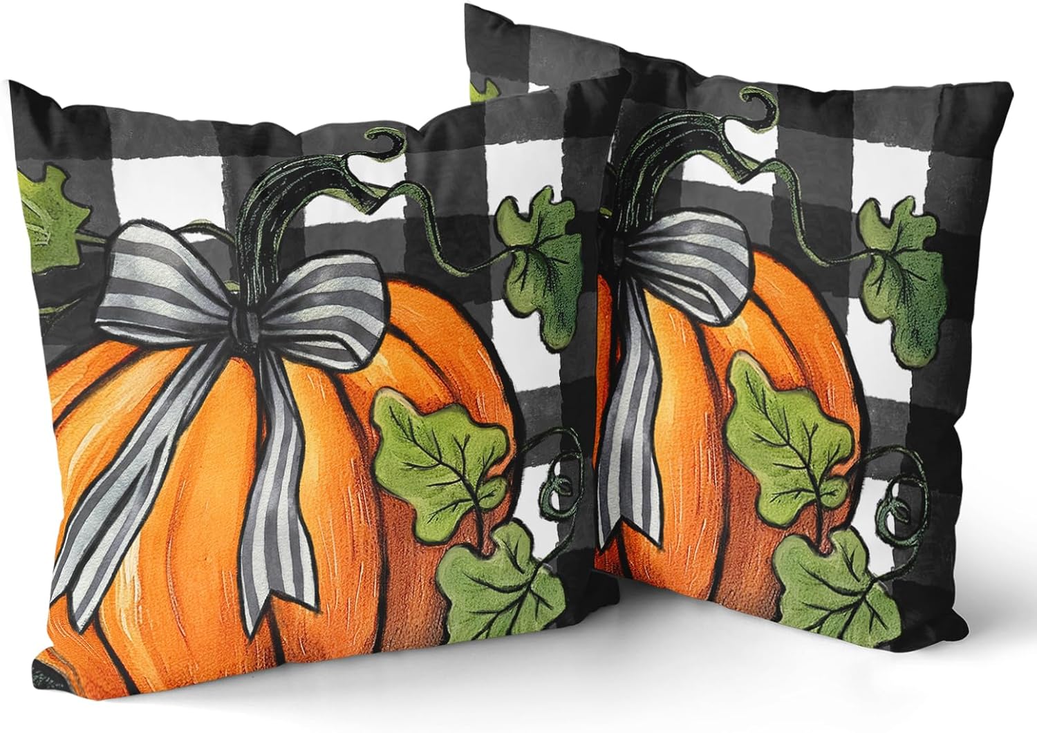 Juego de 2 fundas de almohada de otoño de 16 x 16 pulgadas, fundas de almohada decorativas de calabaza a cuadros negros y blancos, fundas de