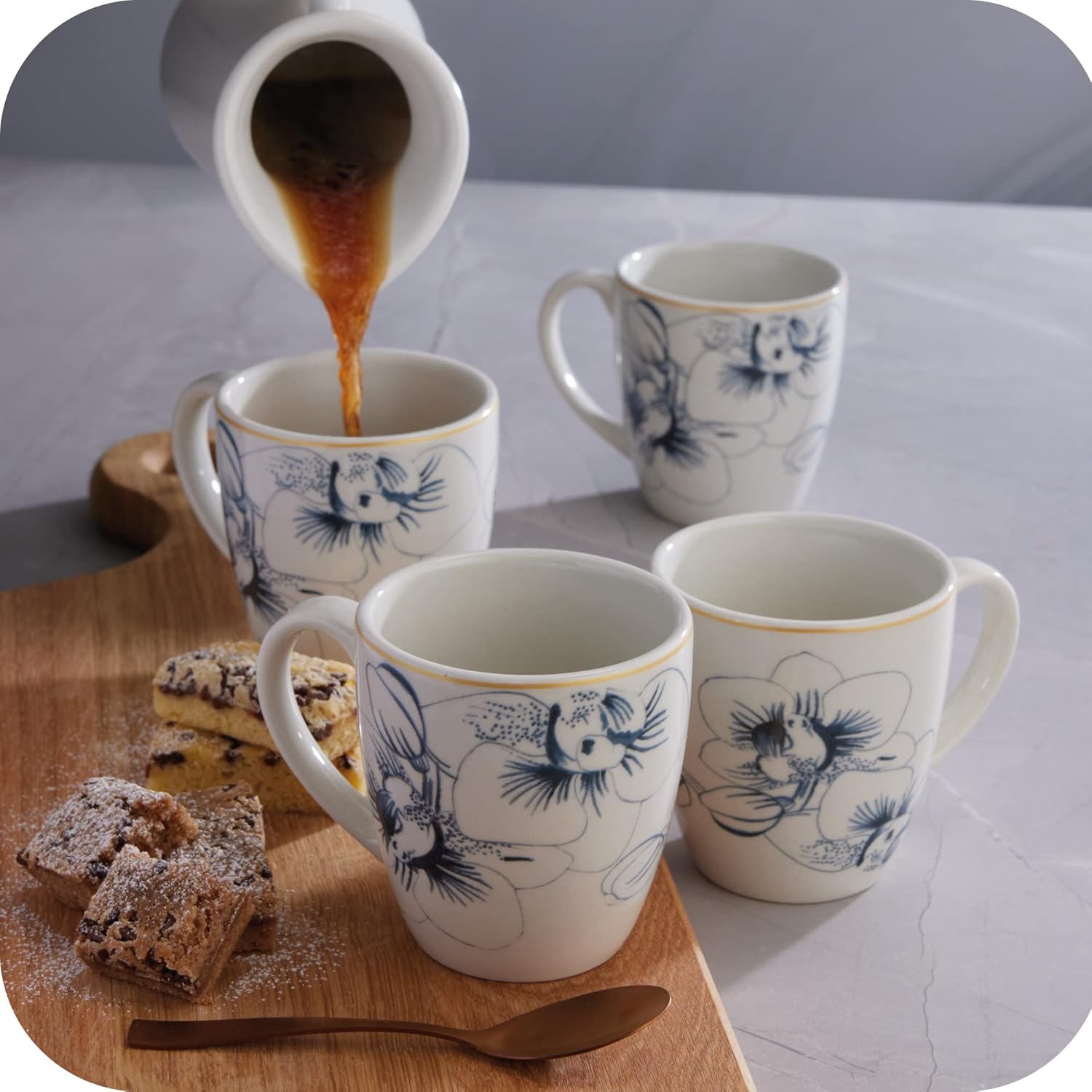 Juego de 4 tazas Corona  Perfecto para los amantes del café y el té  Cattleya 12.8 oz – 380cc  4 piezas  Cerámica  Diseño floral  Cerámica