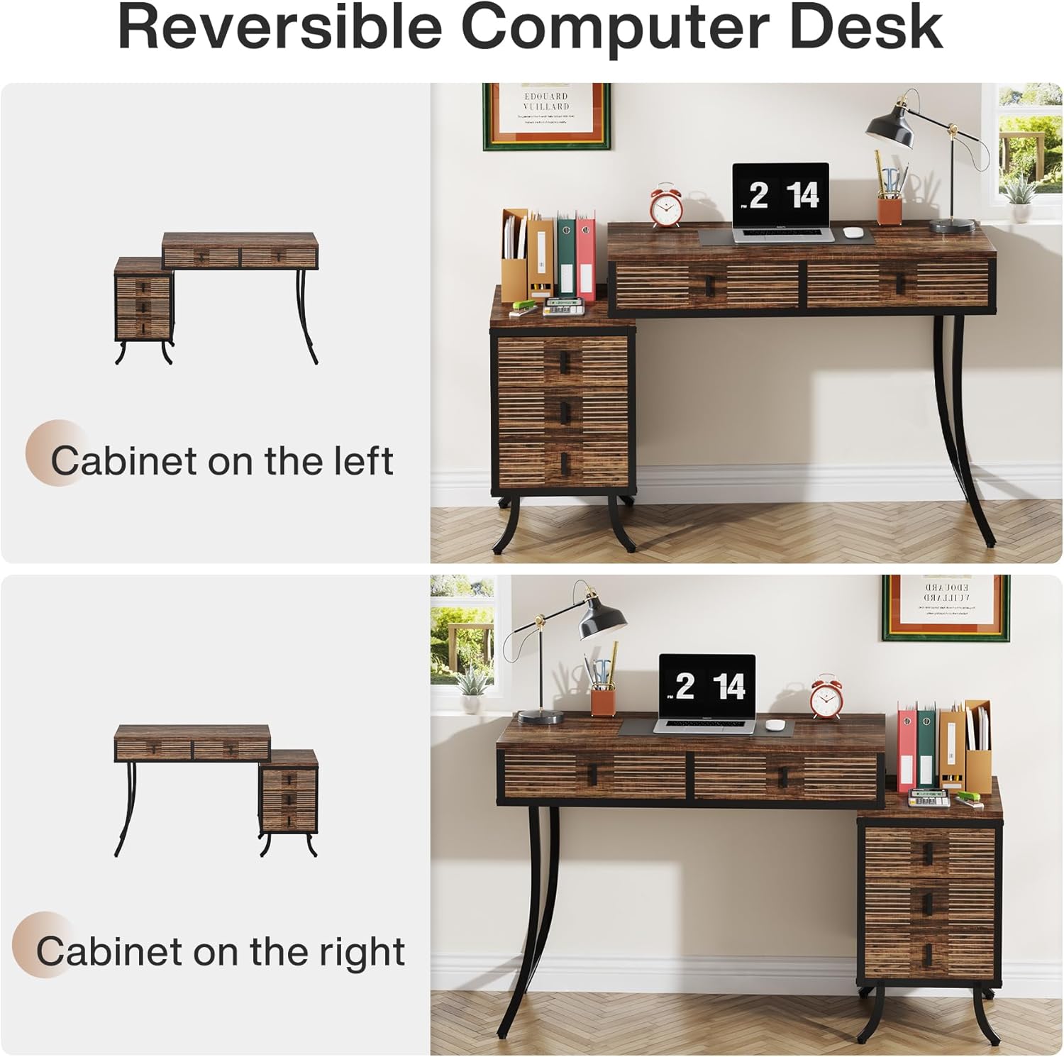 Tribesigns Escritorio para computadora con 5 cajones, escritorio de oficina en casa de 55 pulgadas con gabinete de cajón reversible, mesa de estudio