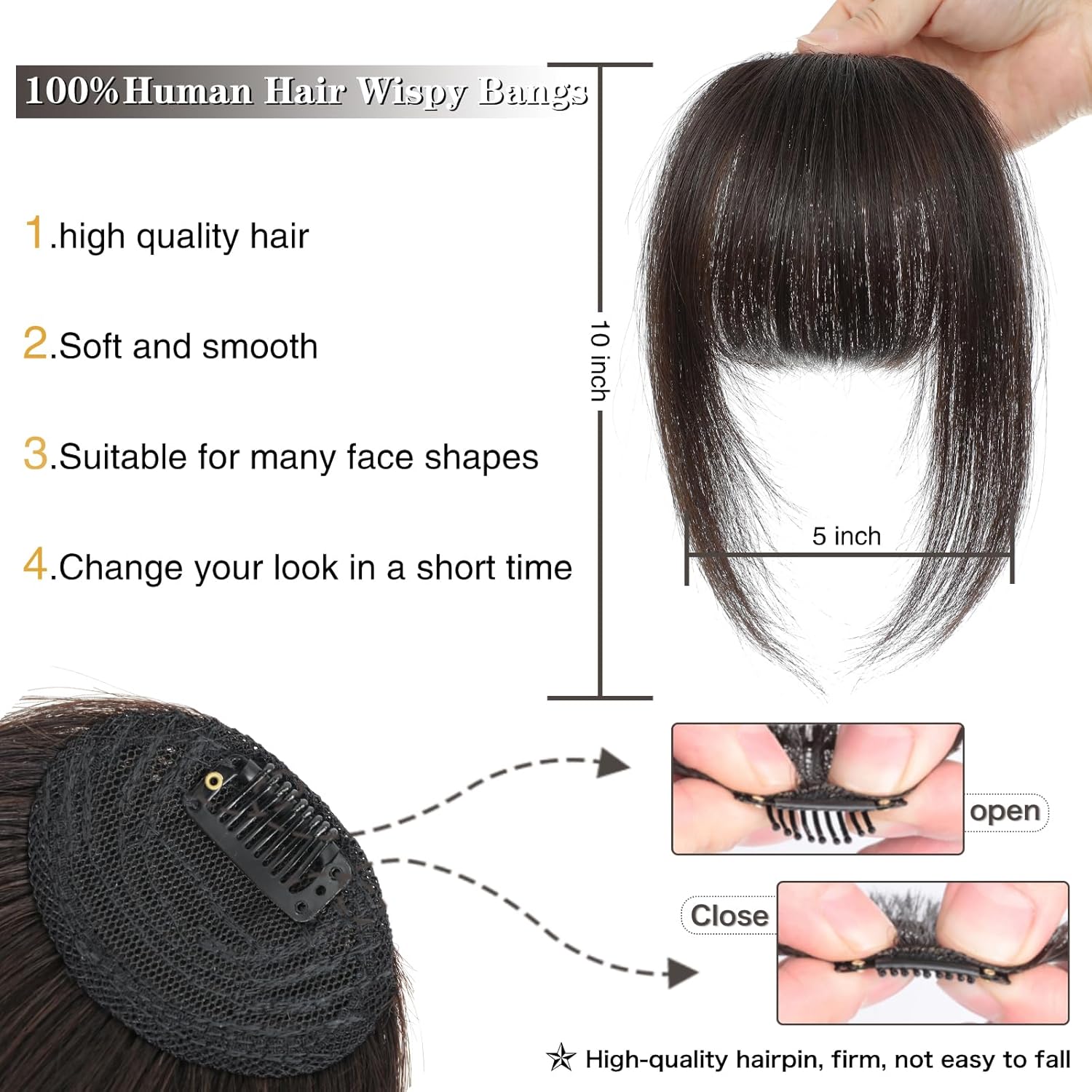 AISI QUEENS Flequillo con clip, extensiones de cabello 100 % humano, flequillo francés natural con sienes para mujer, flequillo francés natural con