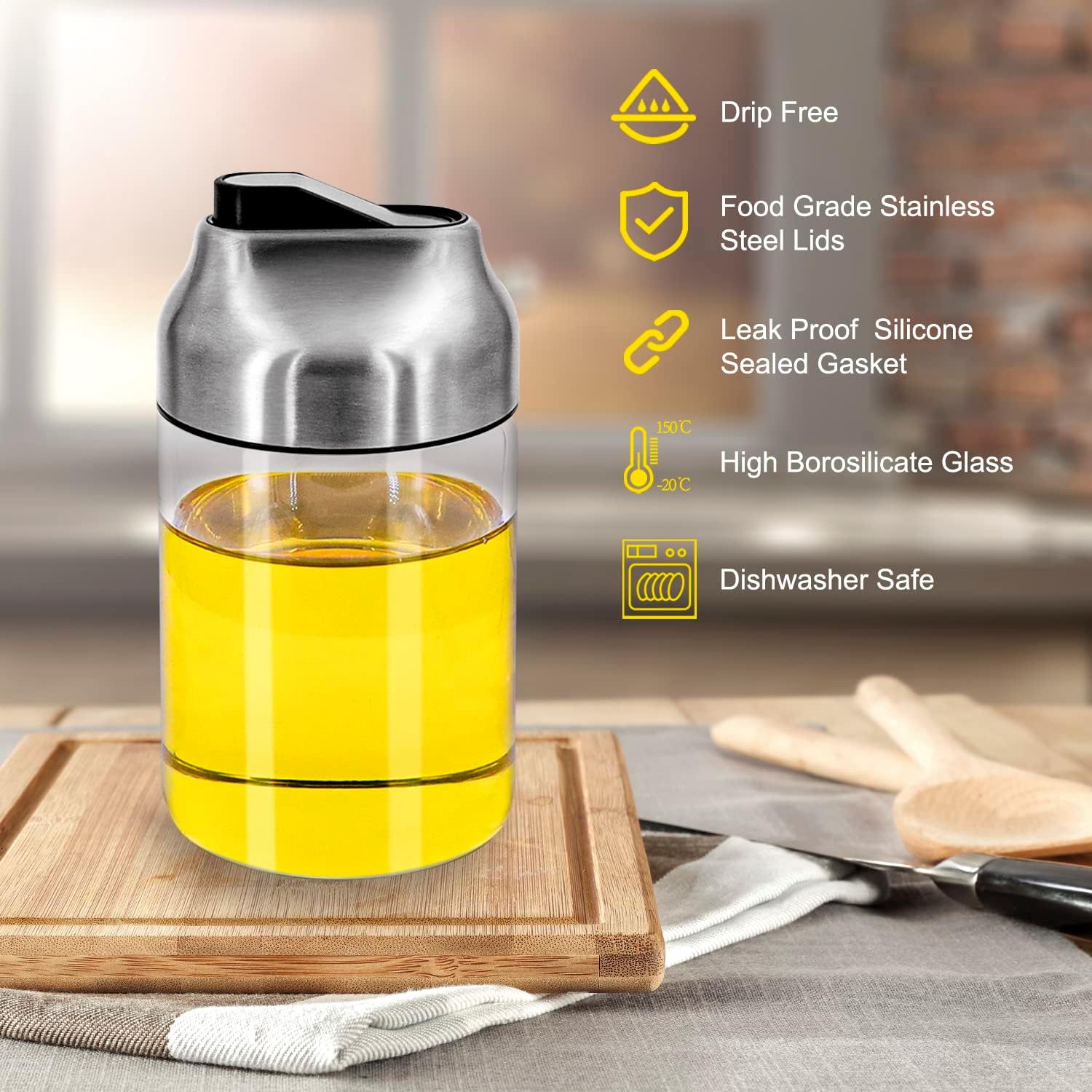 Aelga Dispensador de salsa de soja, dispensador de aceite y vinagre con boquilla antigoteo de 7 onzas con tapa abatible automática, aceite de vidrio