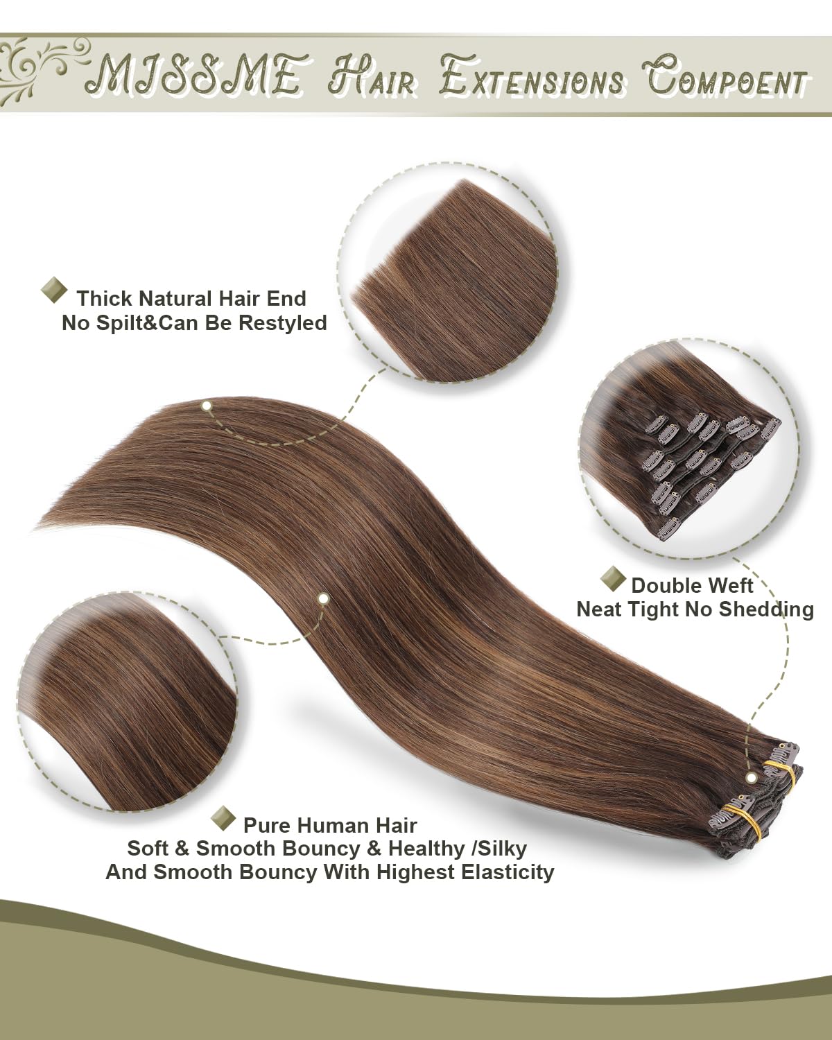 MISSME Extensiones de cabello humano real con pinzas, 14 pulgadas, 3.88 oz, 7 unidades, sin costuras, 16 clips, 100 % cabello humano real, balayage,