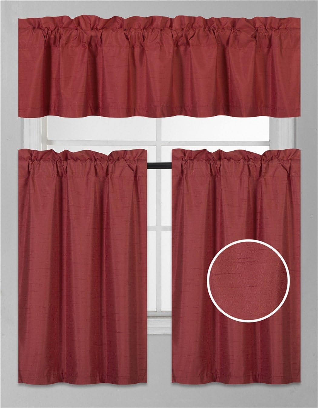 Elegant Home Collection – Juego de 3 cortinas opacas de seda sintética de color sólido para ventana de cocina, con niveles y cenefa, forro de color