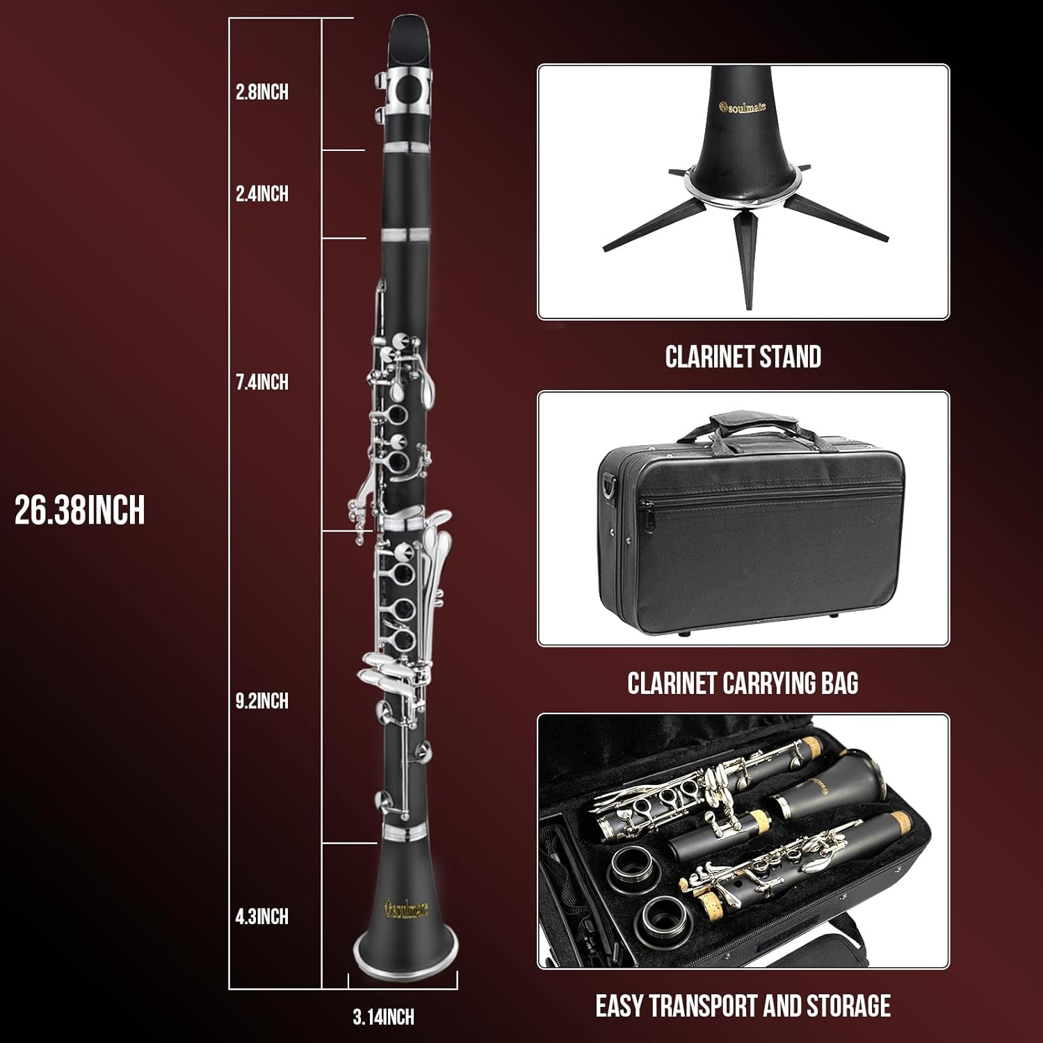 Soulmate Clarinete, clarinete en Bb para principiantes, estudiantes y adultos, 17 llaves niqueladas con 2 barriles, 10 cañas, estuche rígido y kit