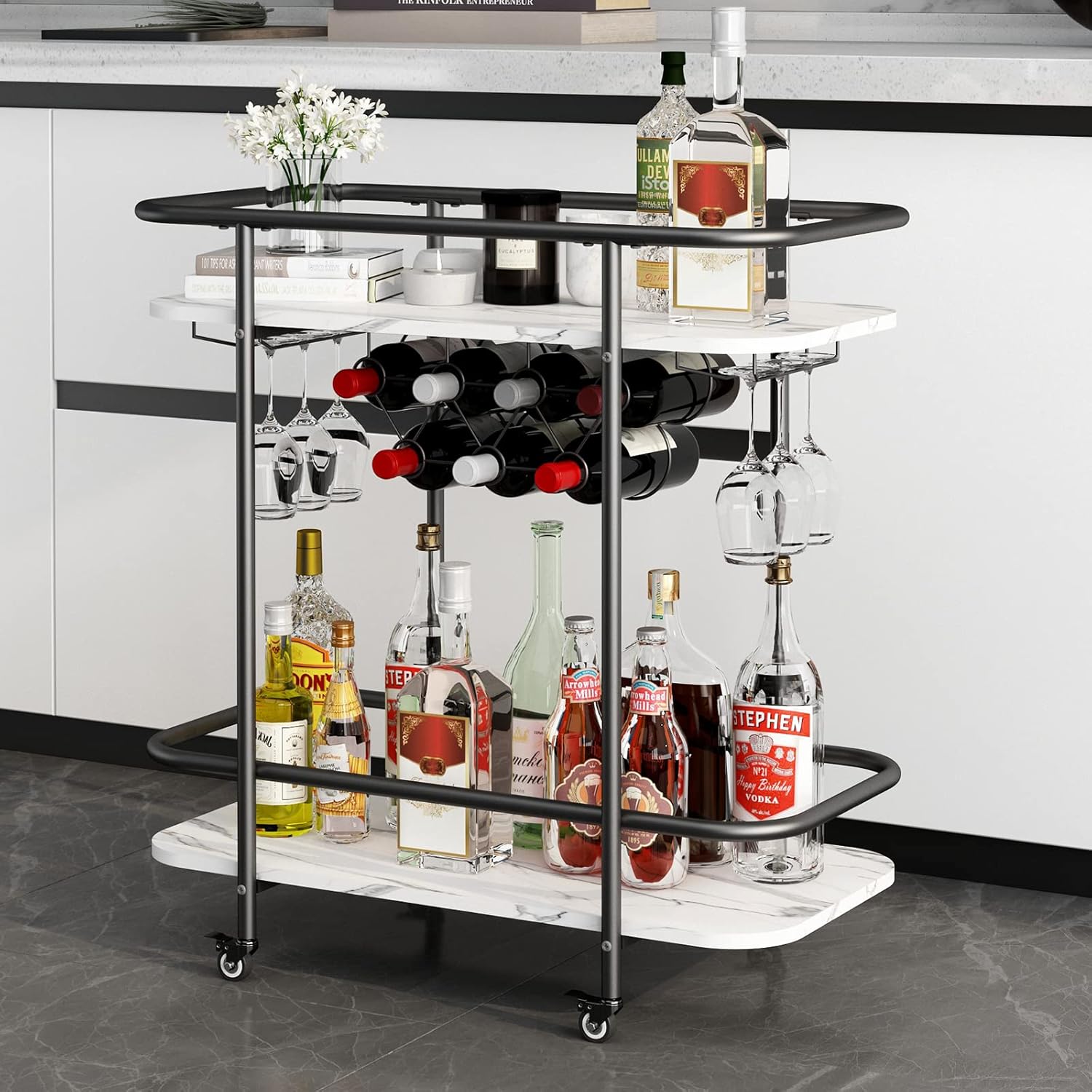 Benoss Black Home – Carrito de bar con ruedas, carrito de vino móvil con soporte para vidrio y estante para vino, moderno carrito de bebidas para