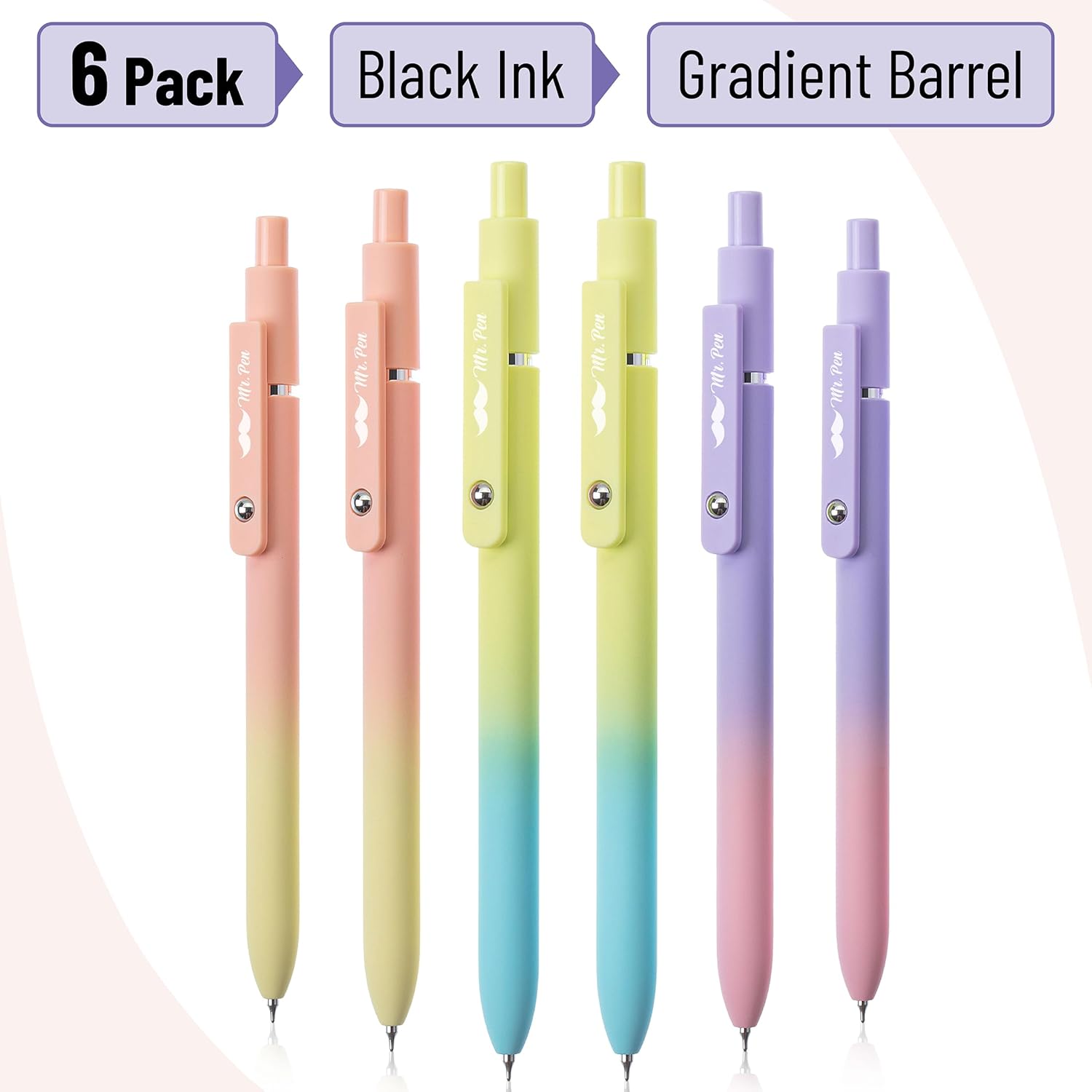 Mr. Pen – Bolígrafos de gel retráctiles, paquete de 6, barriles de color degradado, bolígrafos de gel negros, de secado rápido, bolígrafos de gel de